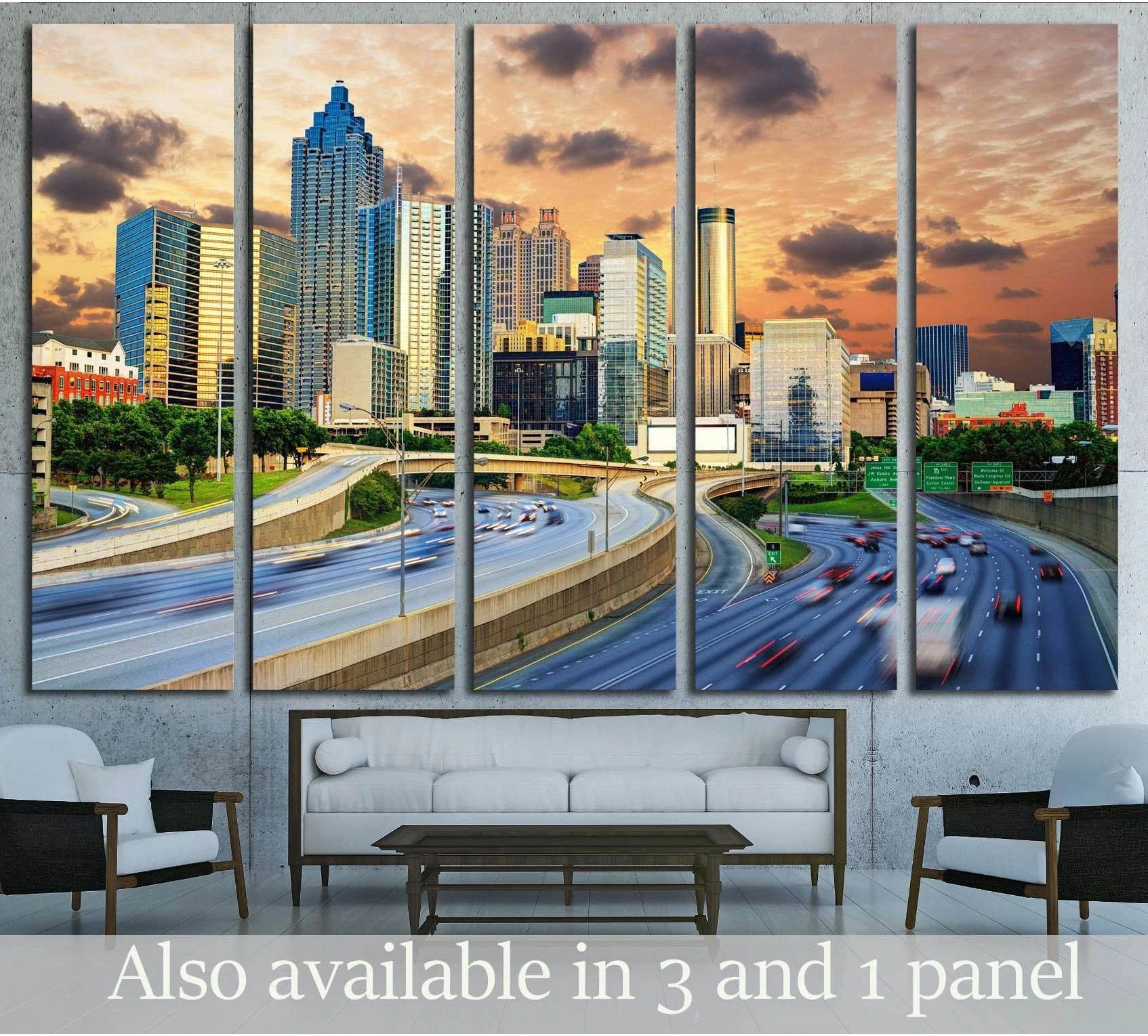Atlanta skyline canvas print over sofa with downtown towers, highways, and sunset sky