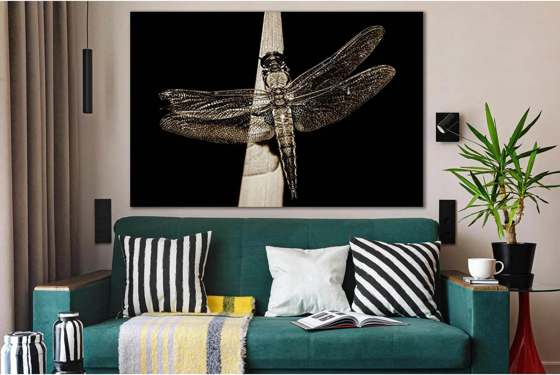 Dragonfly On Leaf Black And White №SL840 Ready to Hang Canvas Print - Zellart Canvas Prints 0new, ALL_Products, Black & White Wall Art