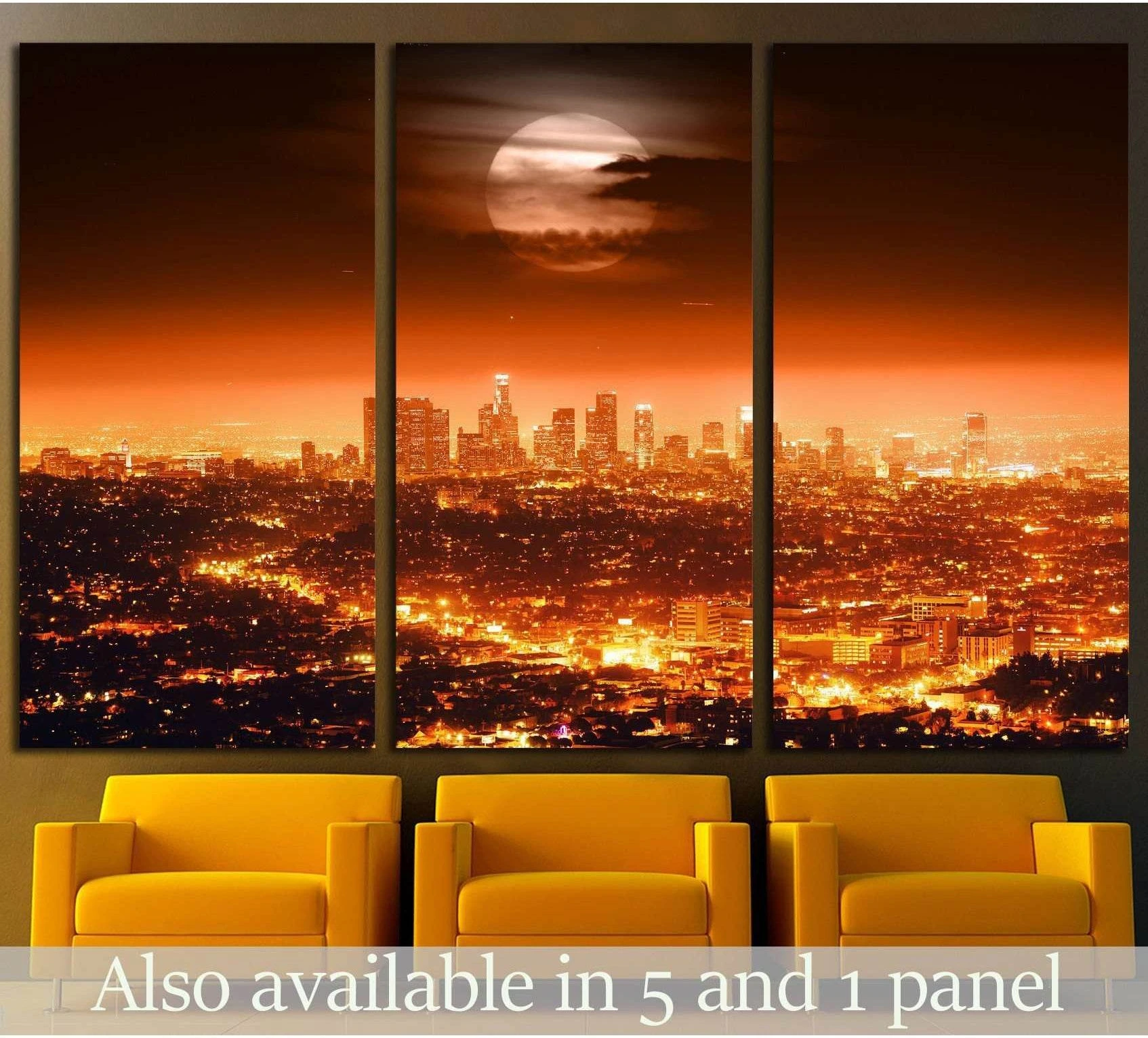 Los Angeles skyline triptych canvas print with full moon above a glowing night cityscape