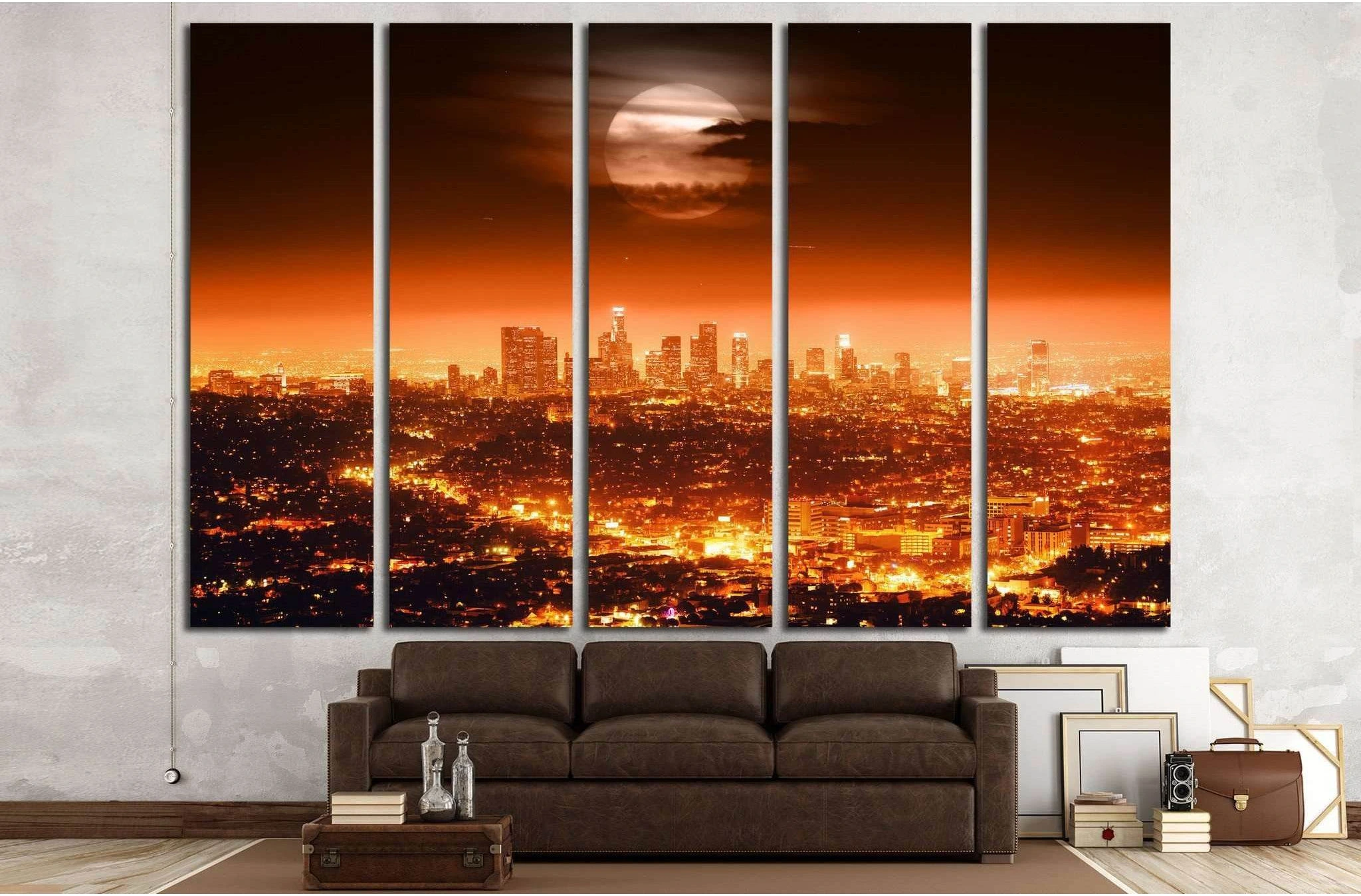Dramatic full moon over Los Angeles skyline at night №1933 Ready to Hang Canvas Print - Zellart Canvas Prints ALL_Products, s-1933