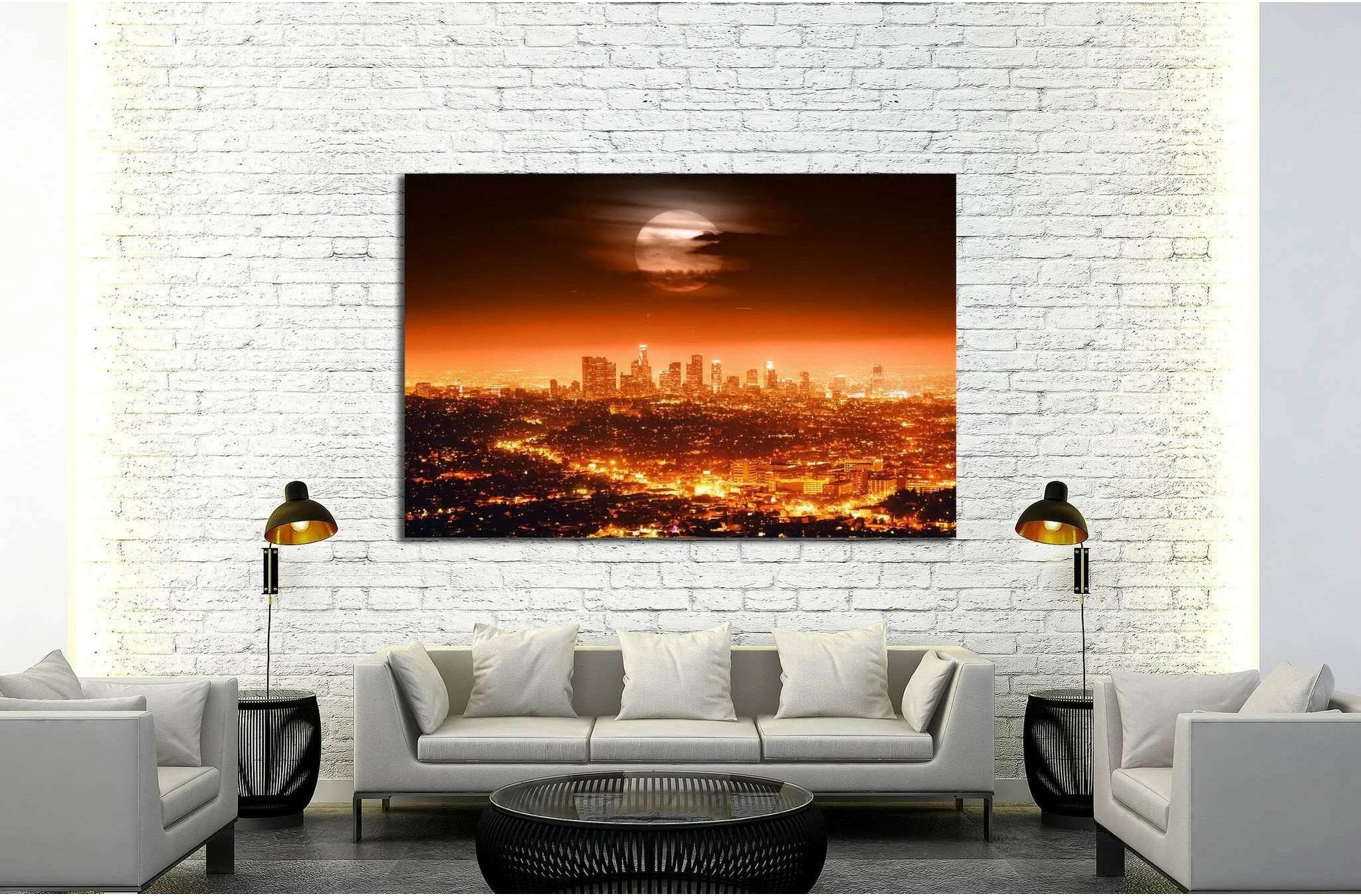 Dramatic full moon over Los Angeles skyline at night №1933 Ready to Hang Canvas Print - Zellart Canvas Prints ALL_Products, s-1933