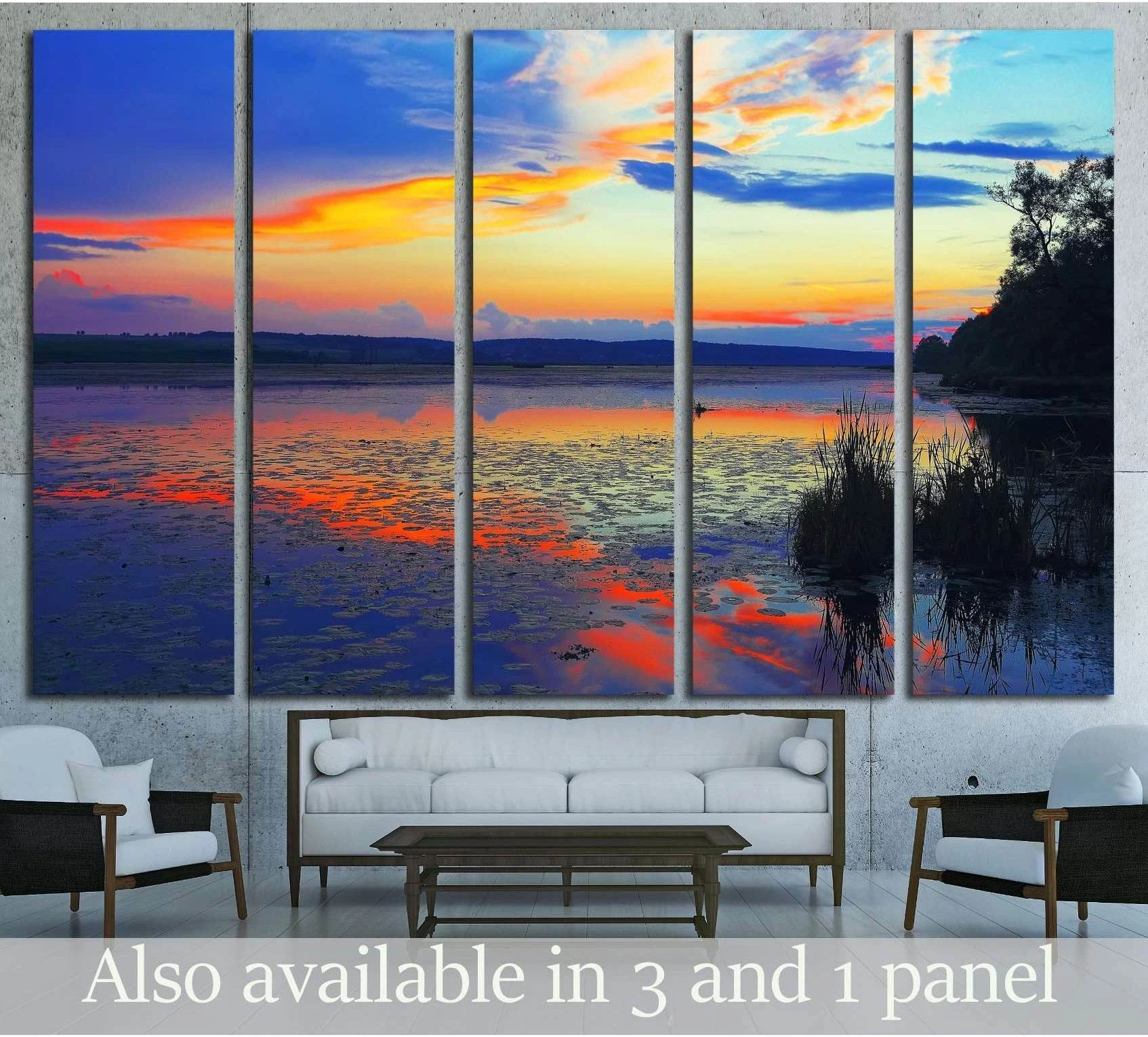 Dramatic sunset over the lake.Water lilies on the lake. Twilight. Mirror reflection in water №3111 Ready to Hang Canvas Print - Zellart Canvas Prints ALL_Products, s-3111