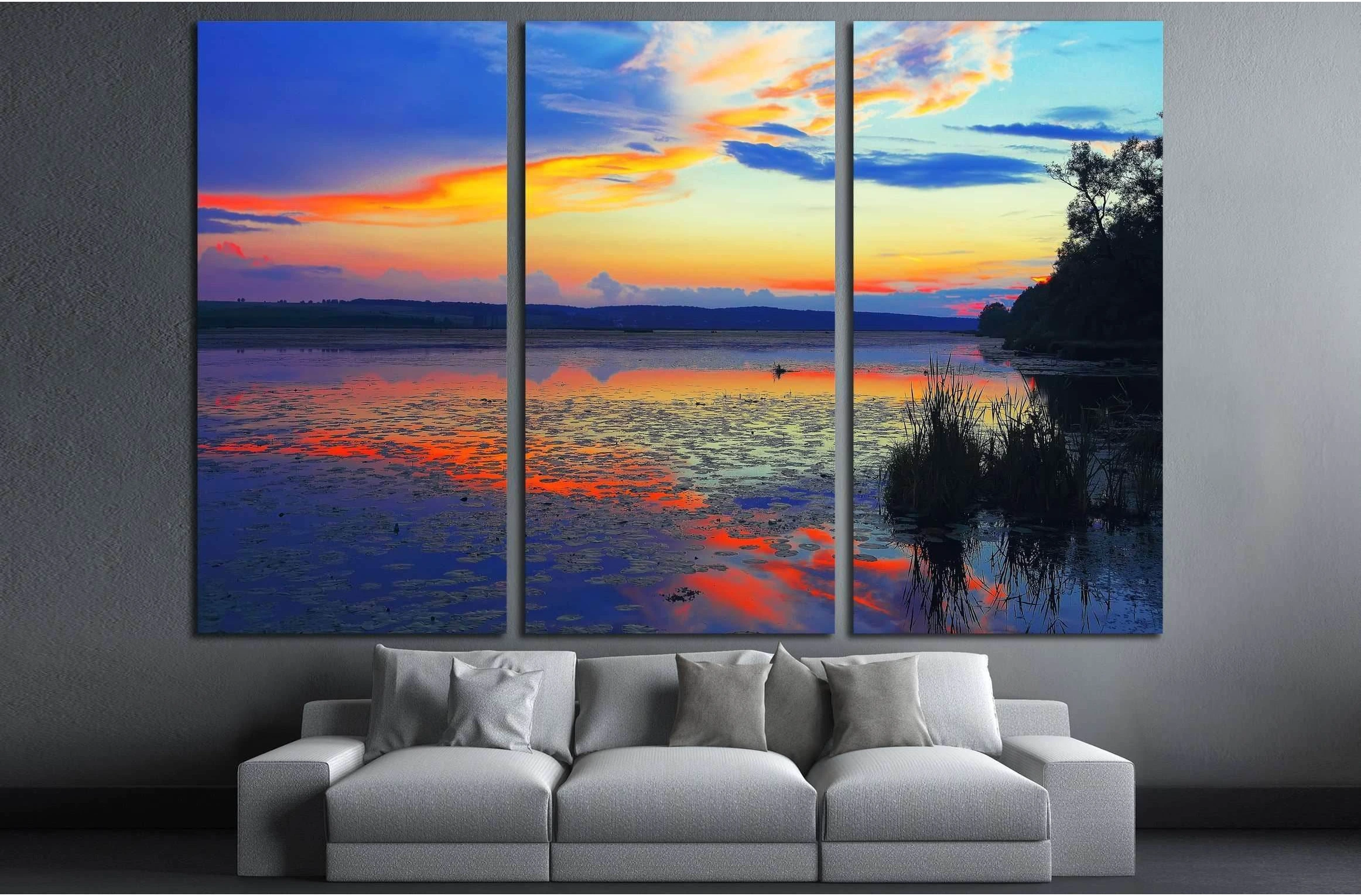 Dramatic sunset over the lake.Water lilies on the lake. Twilight. Mirror reflection in water №3111 Ready to Hang Canvas Print - Zellart Canvas Prints ALL_Products, s-3111