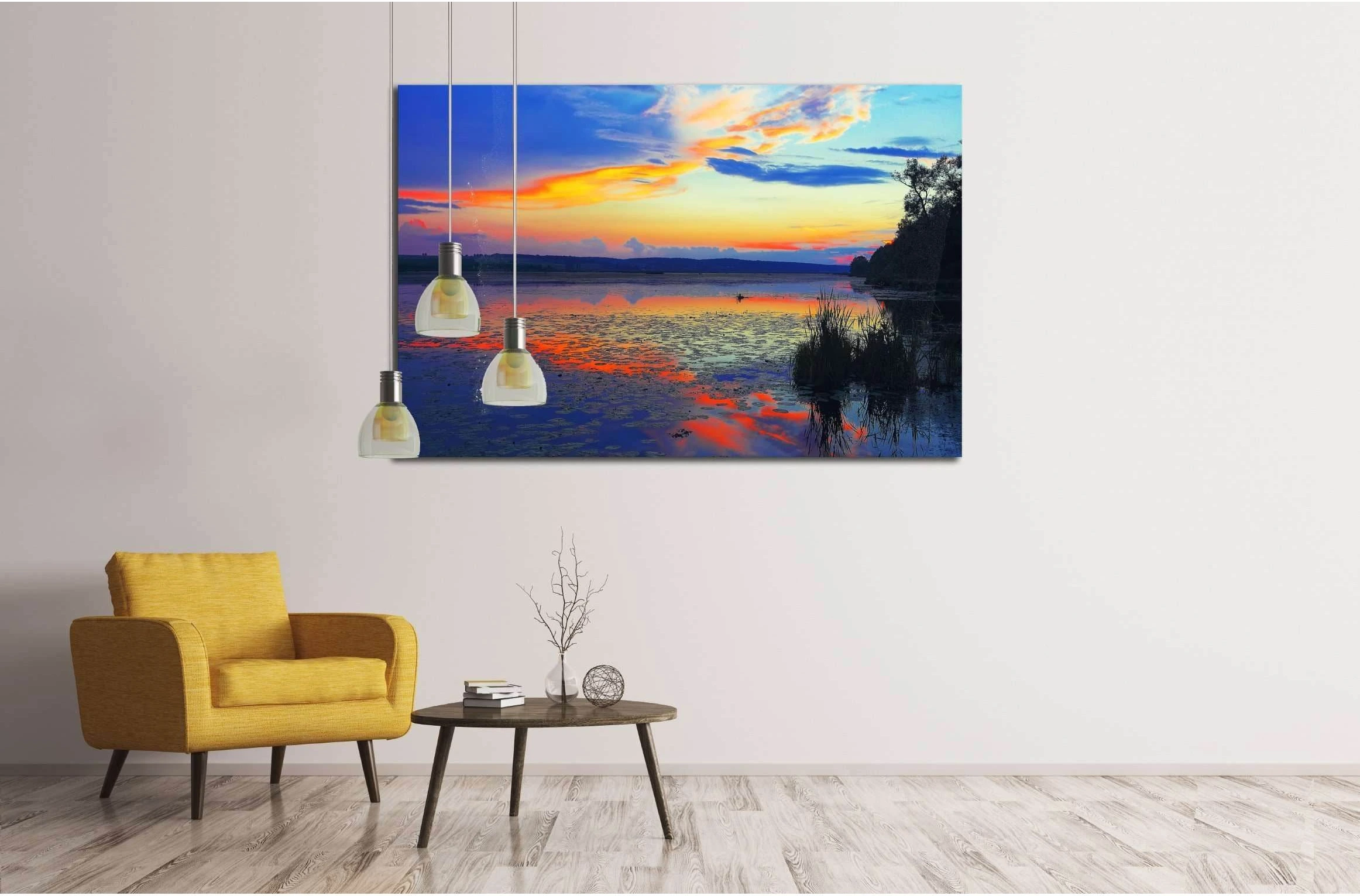 Dramatic sunset over the lake.Water lilies on the lake. Twilight. Mirror reflection in water №3111 Ready to Hang Canvas Print - Zellart Canvas Prints ALL_Products, s-3111