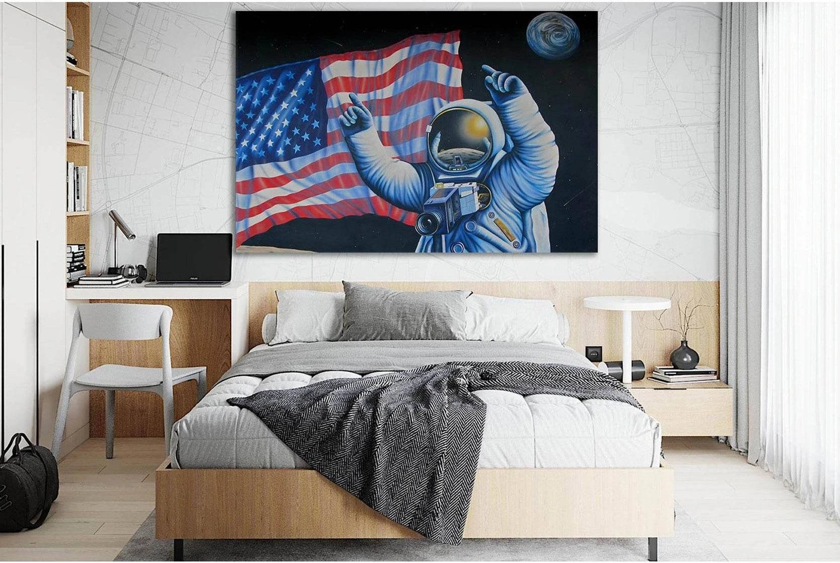 Drawn Astronauts And USA Flag №SL1168 Ready to Hang Canvas Print - Zellart Canvas Prints 0new, ALL_Products, Flags