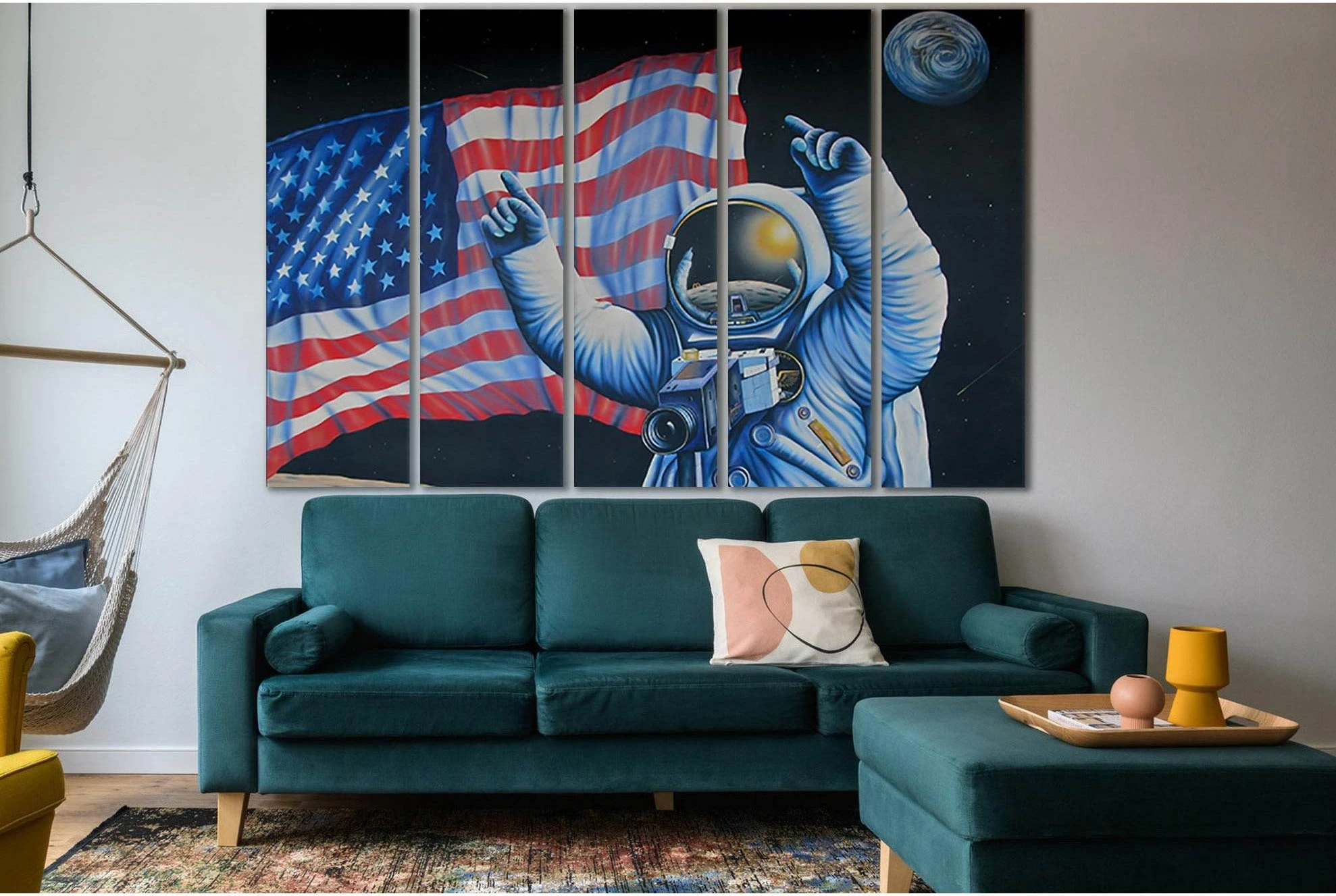 Drawn Astronauts And USA Flag №SL1168 Ready to Hang Canvas Print - Zellart Canvas Prints 0new, ALL_Products, Flags