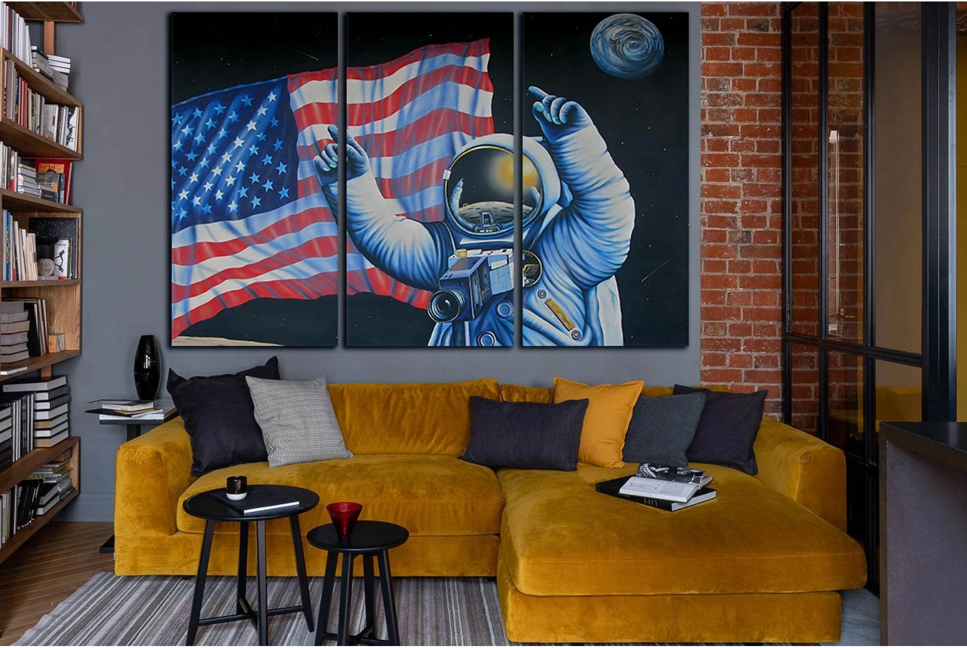 Drawn Astronauts And USA Flag №SL1168 Ready to Hang Canvas Print - Zellart Canvas Prints 0new, ALL_Products, Flags