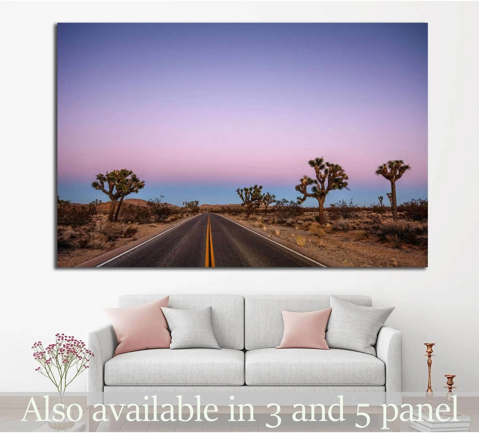 Joshua Tree desert road canvas print above a sofa under pink and purple sunset sky