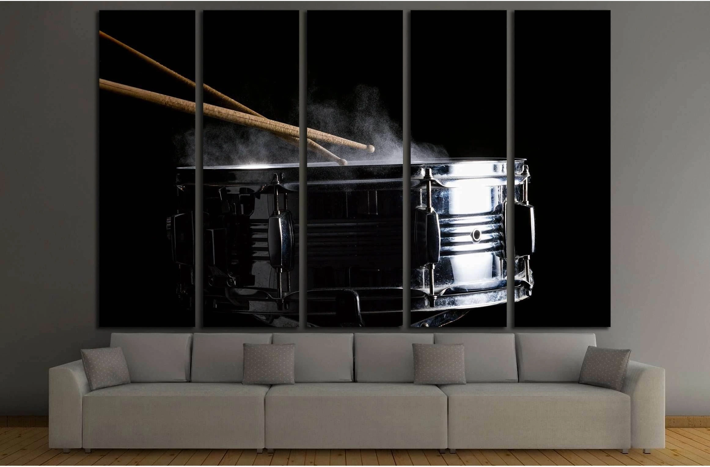 Drum sticks hit on the snare drum in black background, close-up, low key №3276 Ready to Hang Canvas Print - Zellart Canvas Prints ALL_Products, s-3276