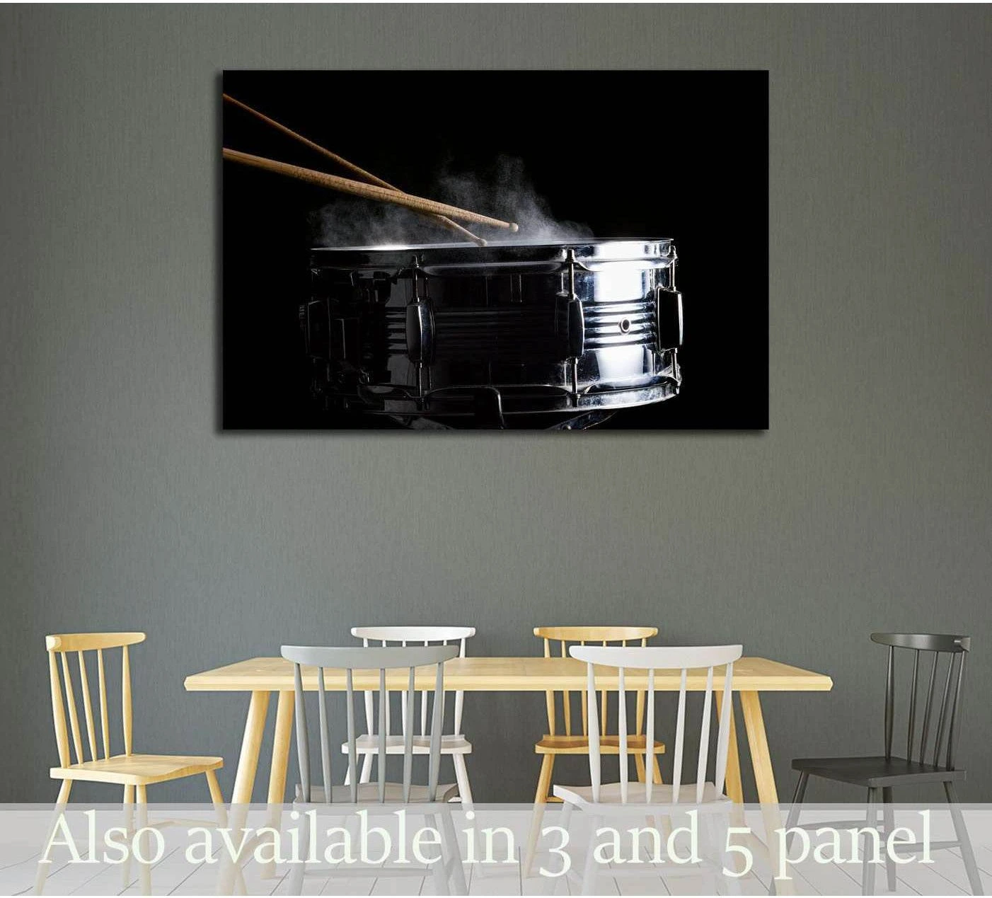 Snare drum canvas print with drumsticks and smoke on black background above a dining room table