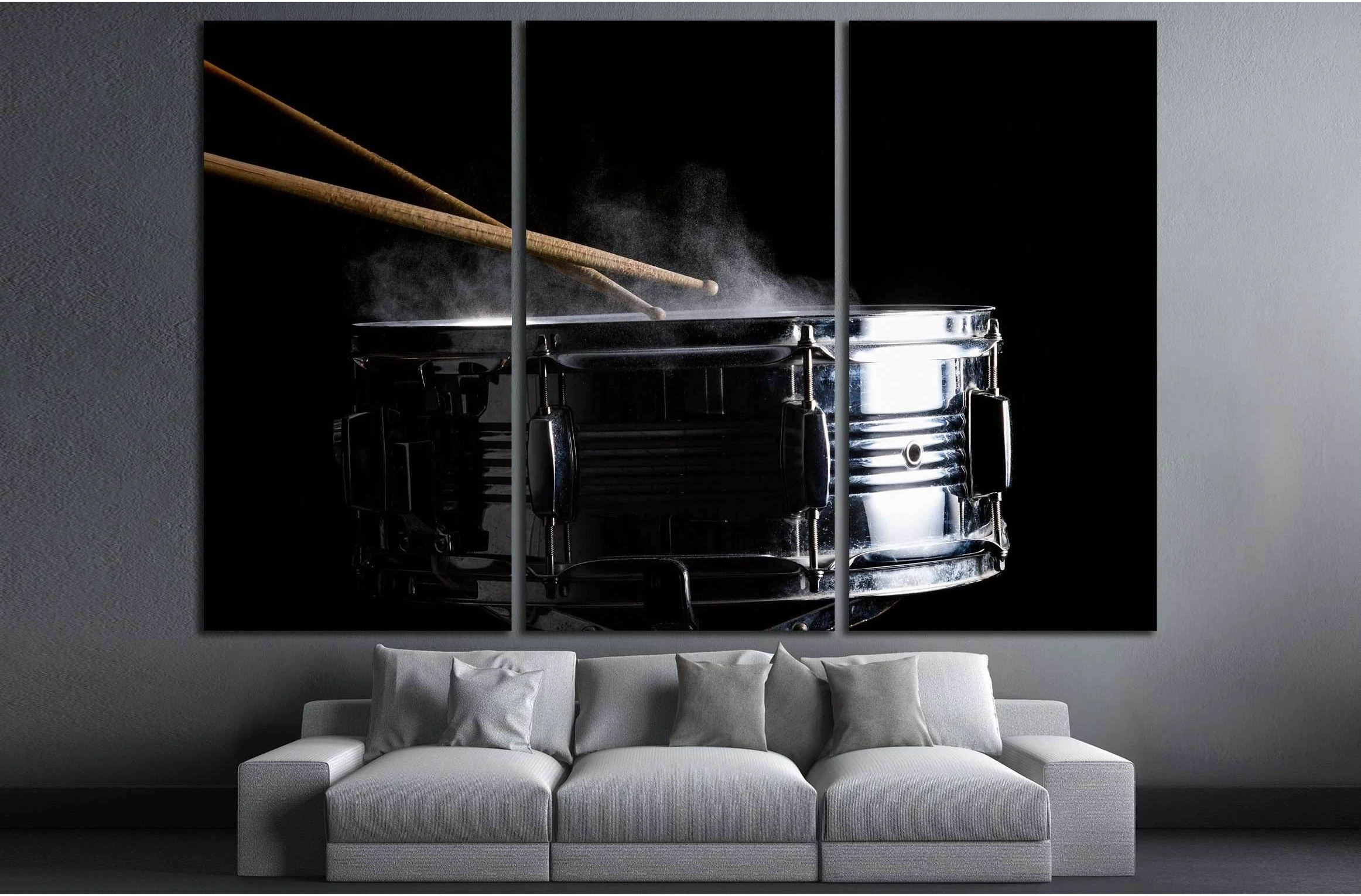 Drum sticks hit on the snare drum in black background, close-up, low key №3276 Ready to Hang Canvas Print - Zellart Canvas Prints ALL_Products, s-3276