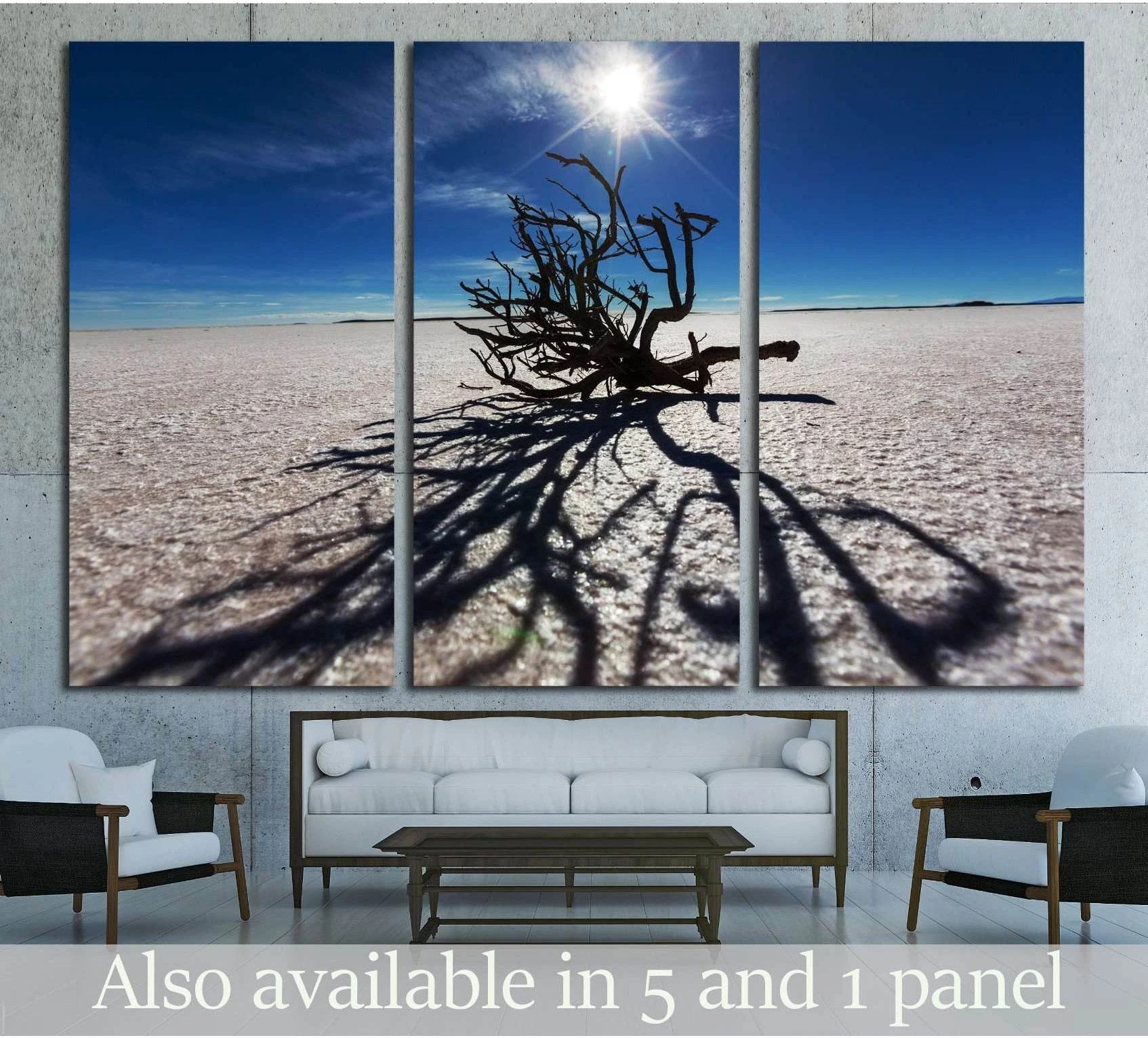 Dry tree canvas print over a sofa, casting long shadows on Bolivia’s Salar de Uyuni salt flat