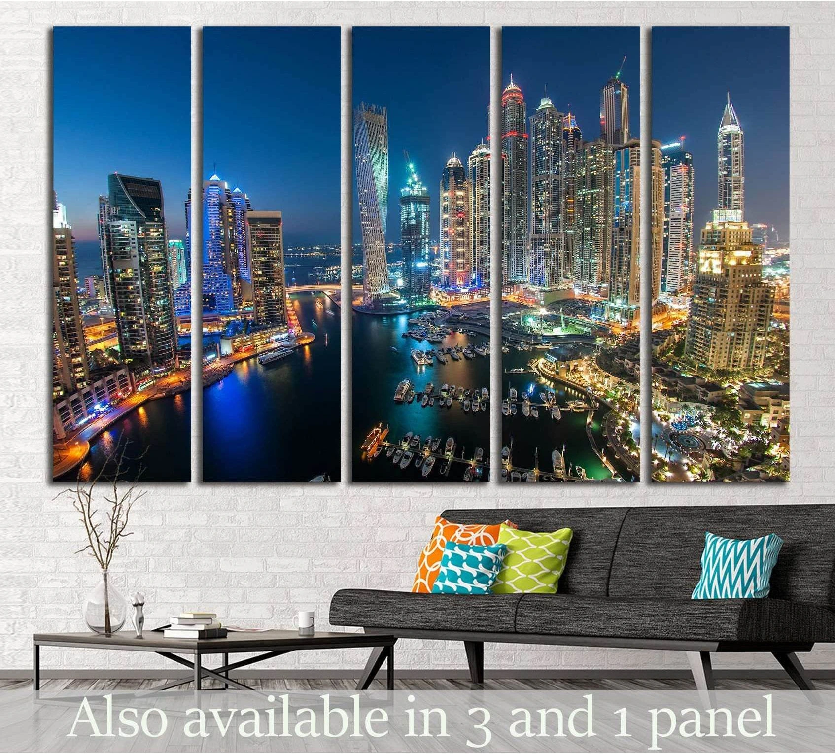 Dubai Marina night skyline canvas print in five panels above a sofa in a modern living room