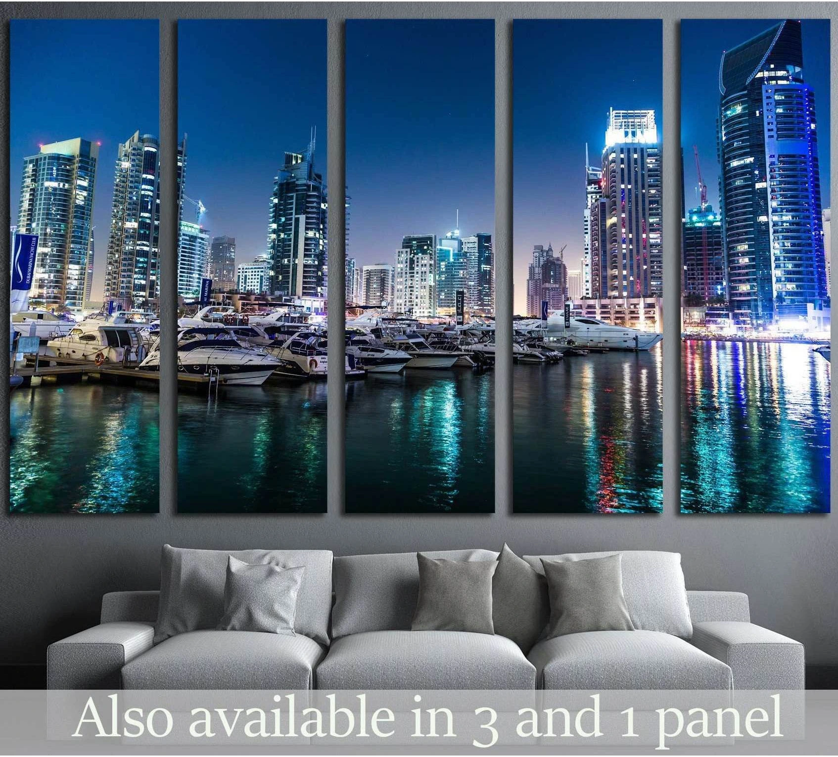 Dubai Marina night skyline canvas print with yachts, lit towers, and blue water reflections