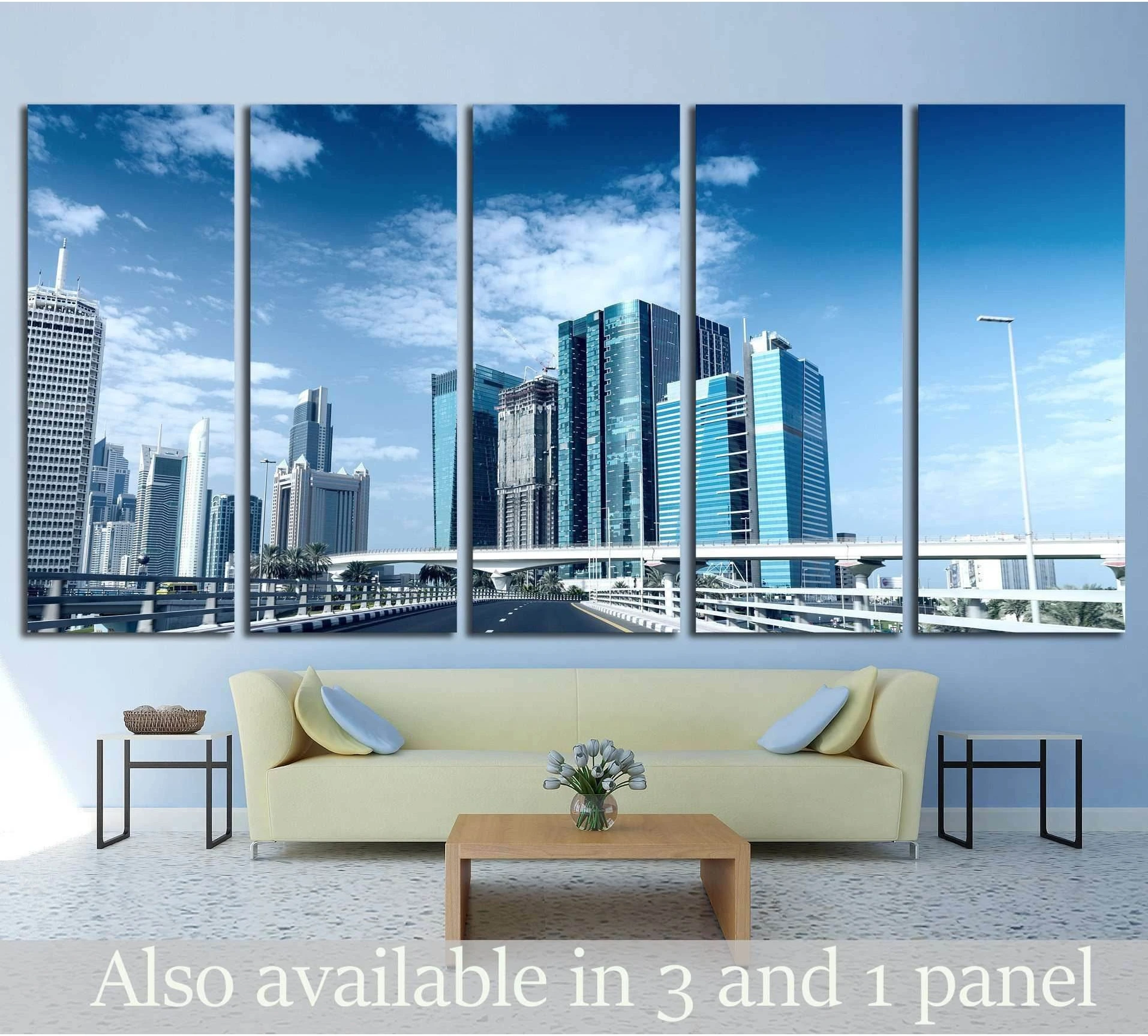 Dubai downtown skyscrapers and elevated highway multi-panel canvas print above sofa