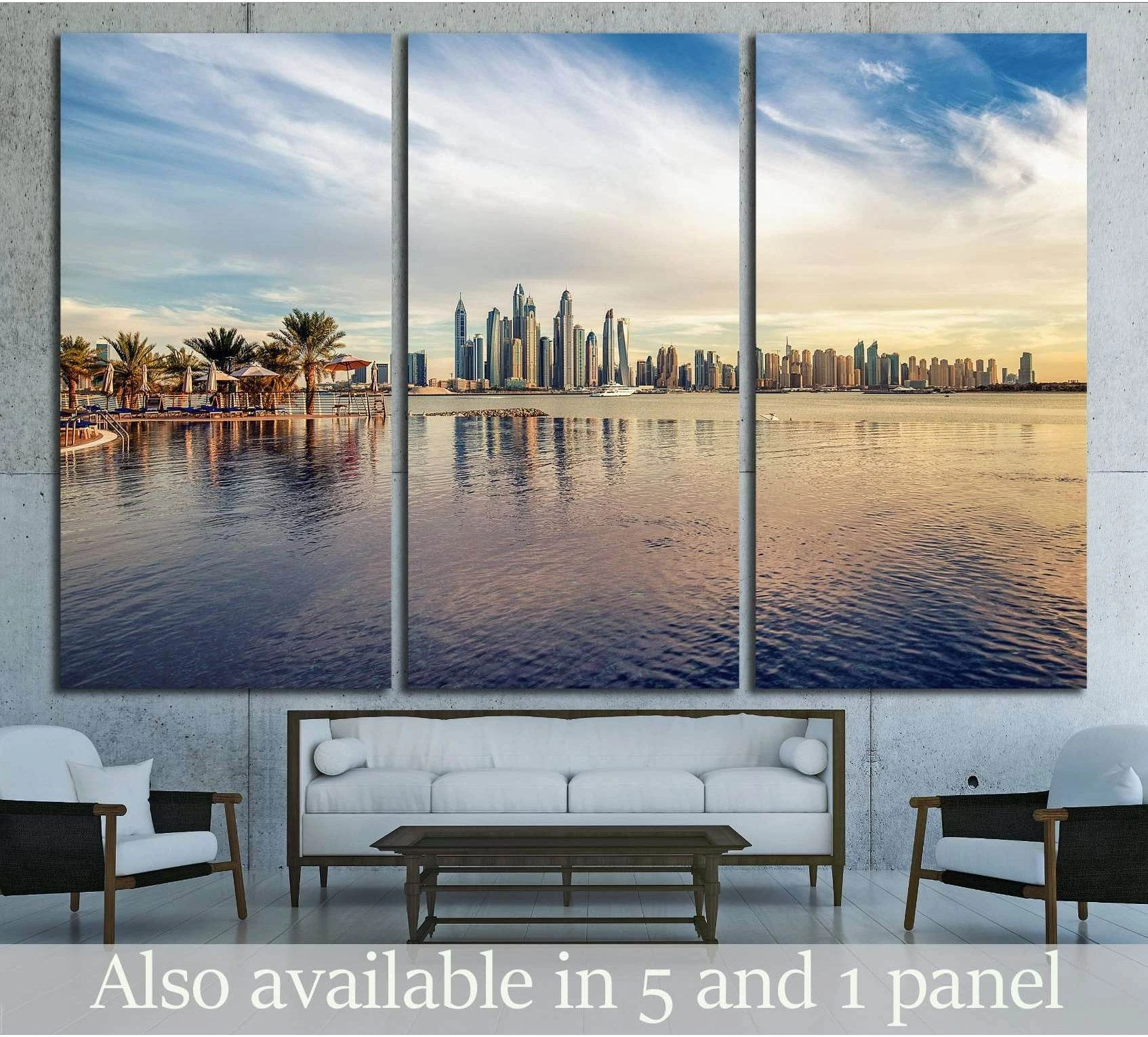 Dubai Marina skyline triptych canvas print above sofa in a modern living room