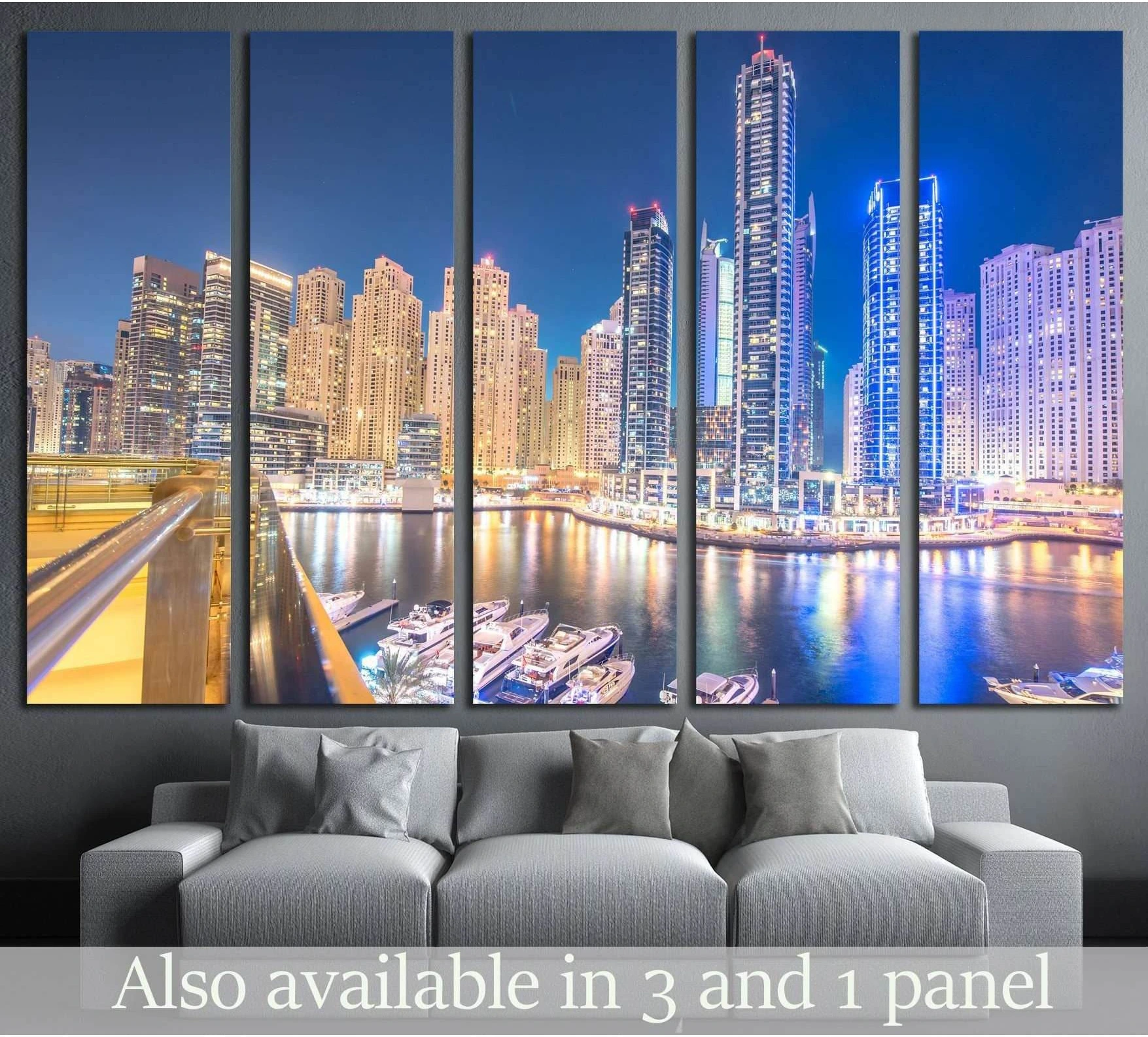 Dubai Marina skyline canvas print with illuminated towers and yachts above a gray sofa