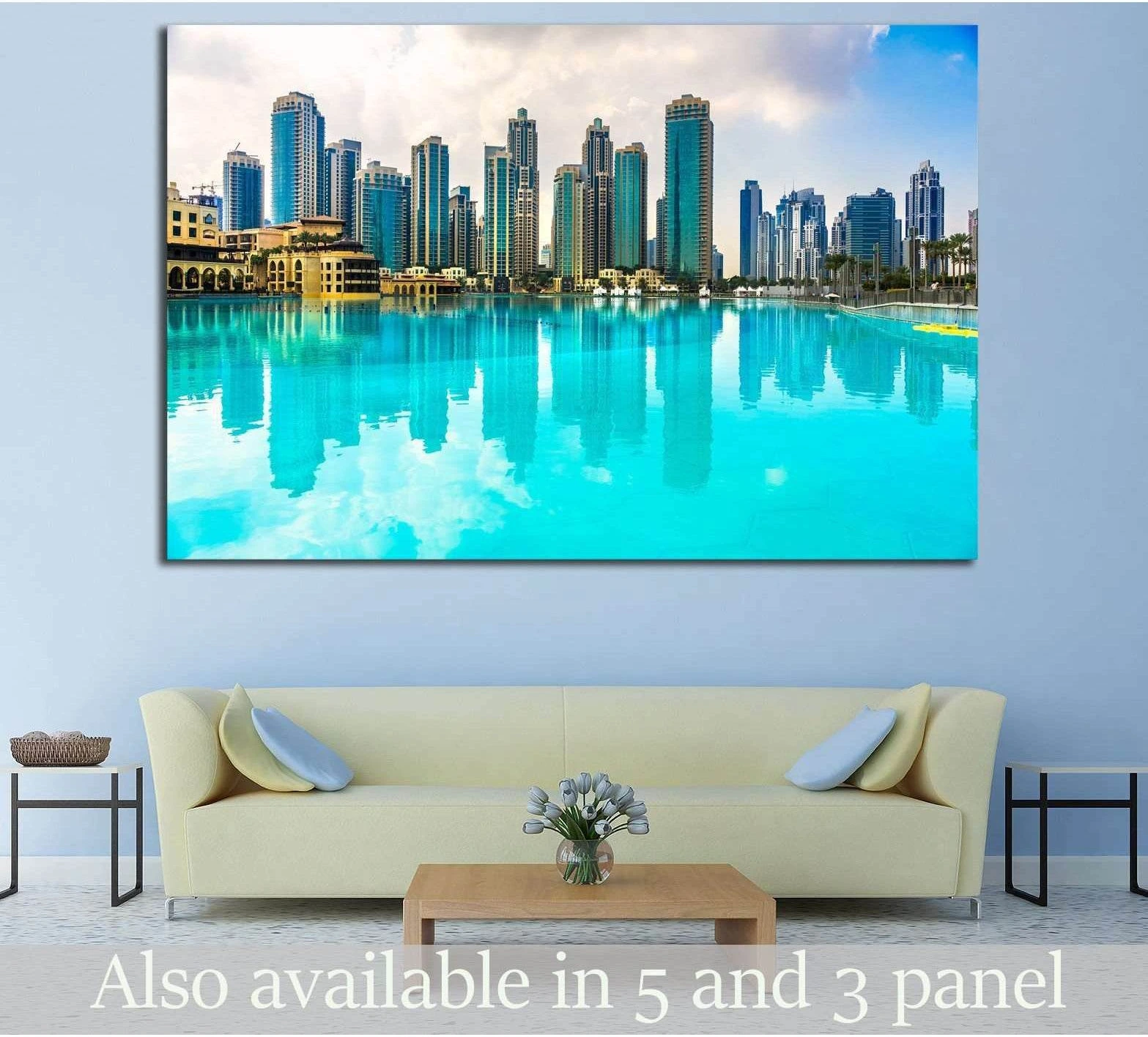 Dubai skyline canvas print with turquoise waterfront above a sofa in a modern living room