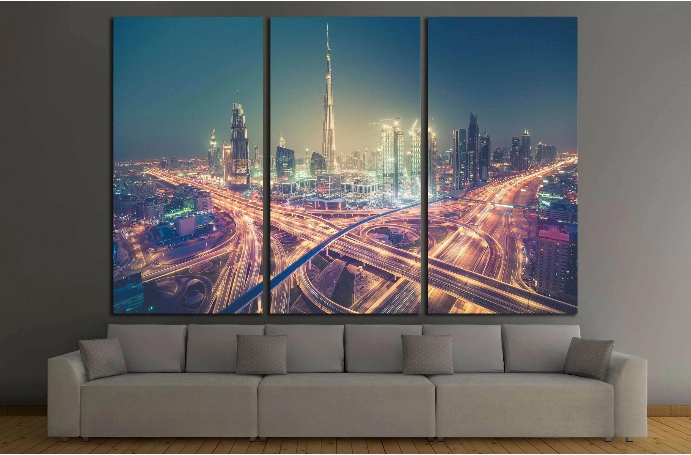 Dubai skyline at night with beautiful city with lights close to it's busiest highway №2205 Ready to Hang Canvas Print - Zellart Canvas Prints ALL_Products, s-2205