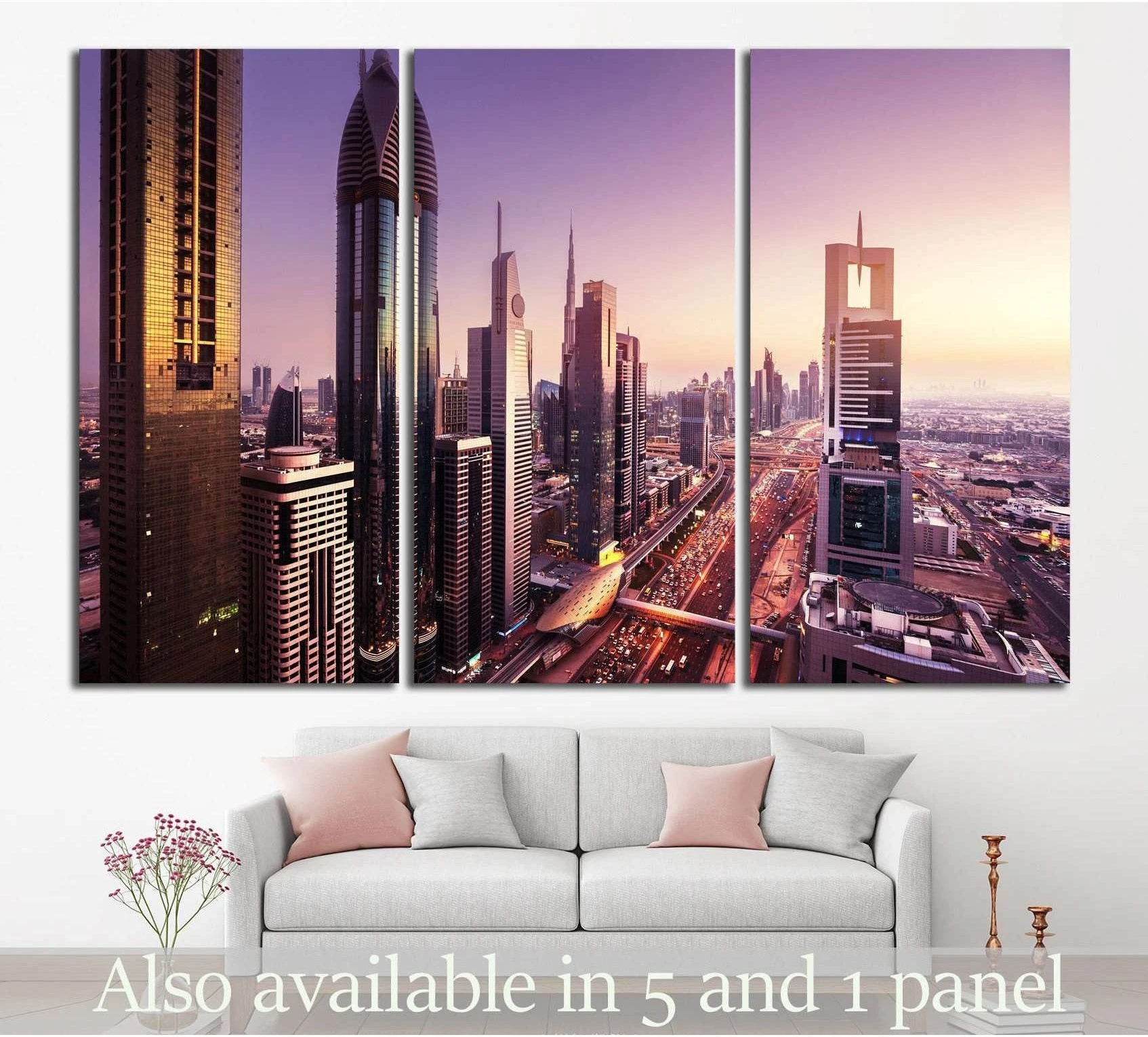 Dubai skyline triptych canvas print with Sheikh Zayed Road at purple sunset above a sofa