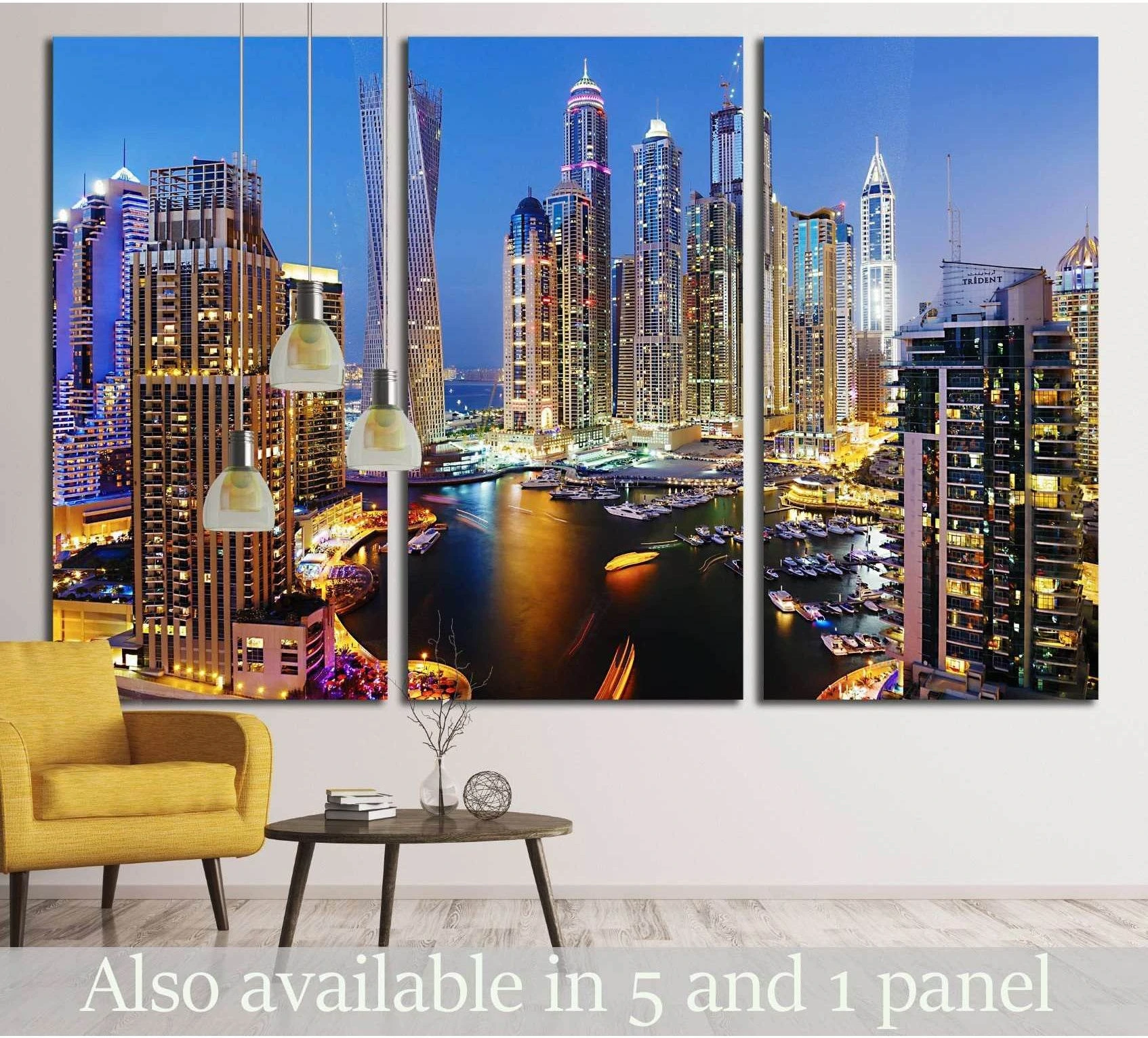 Dubai Marina triptych canvas print with illuminated skyscrapers and yachts in a modern living room