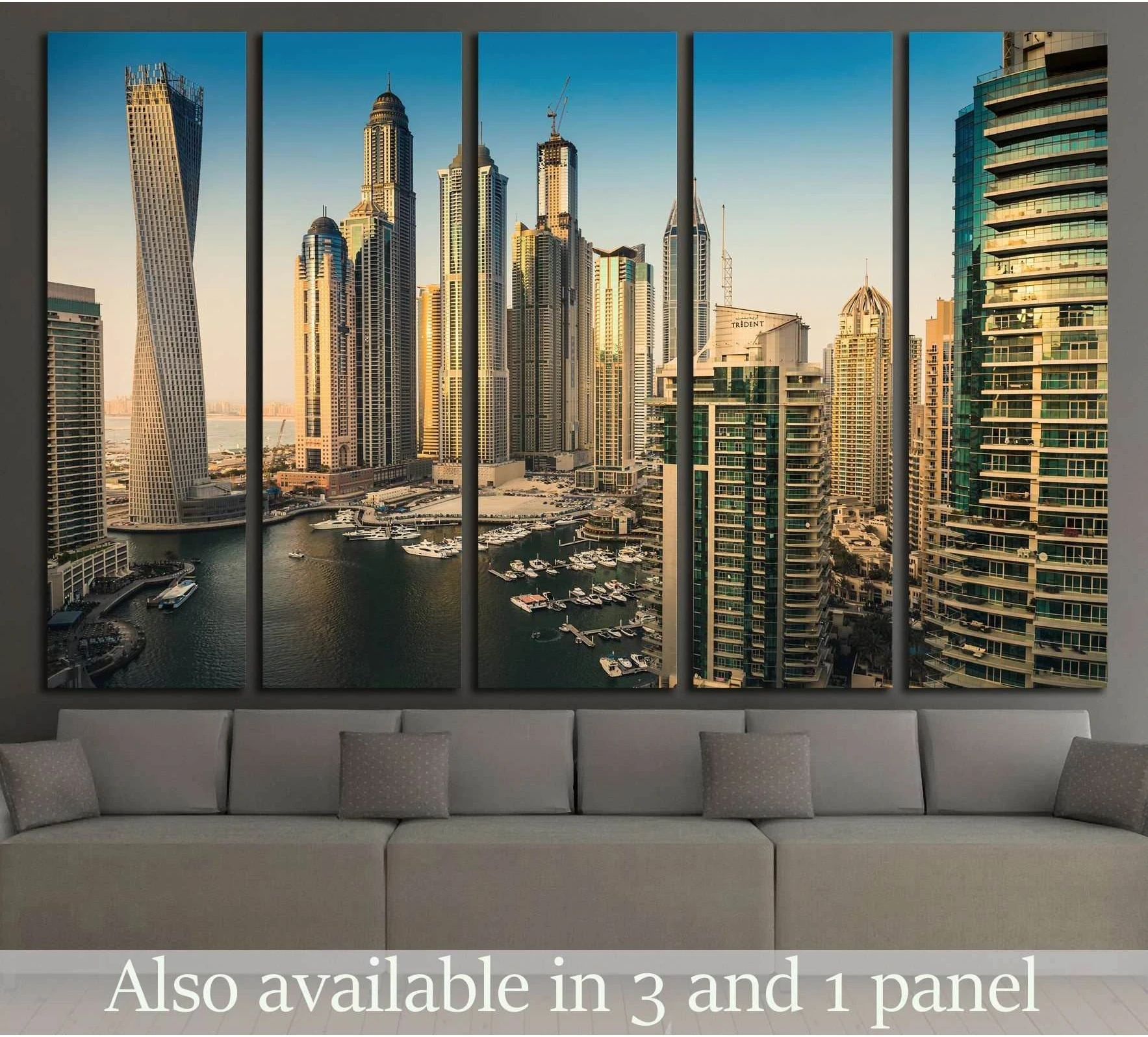 Dubai Marina skyline canvas print at dusk displayed above a sofa in a modern living room