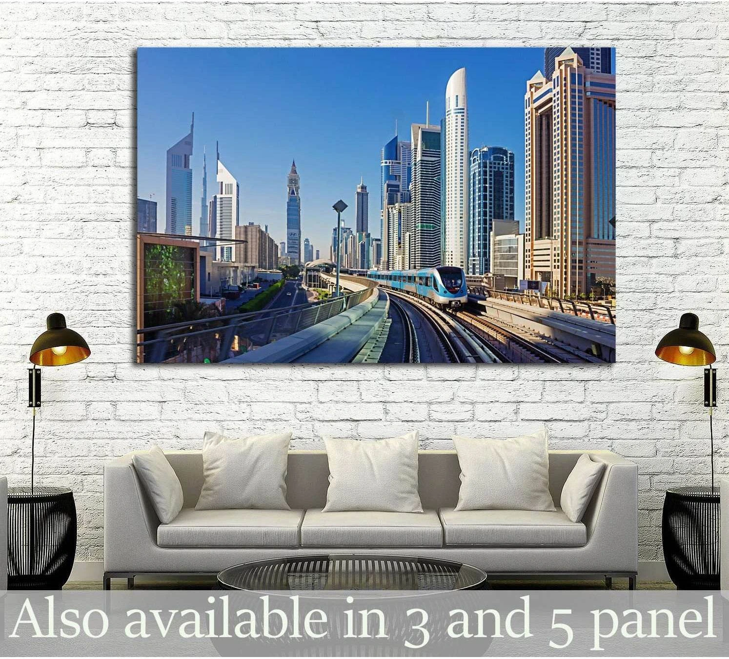 Dubai Metro canvas print with train and skyscrapers hung above sofa in a modern living room