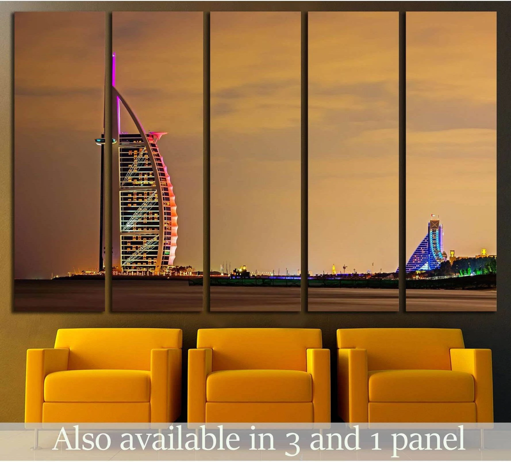 Burj Al Arab Dubai night skyline canvas print hung above chairs in a modern interior