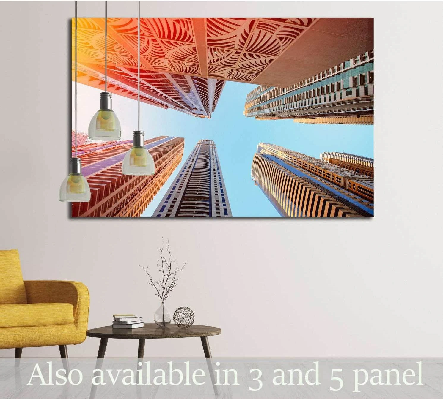 Dubai Marina skyscrapers viewed from below against blue sky canvas print above sofa in modern living room