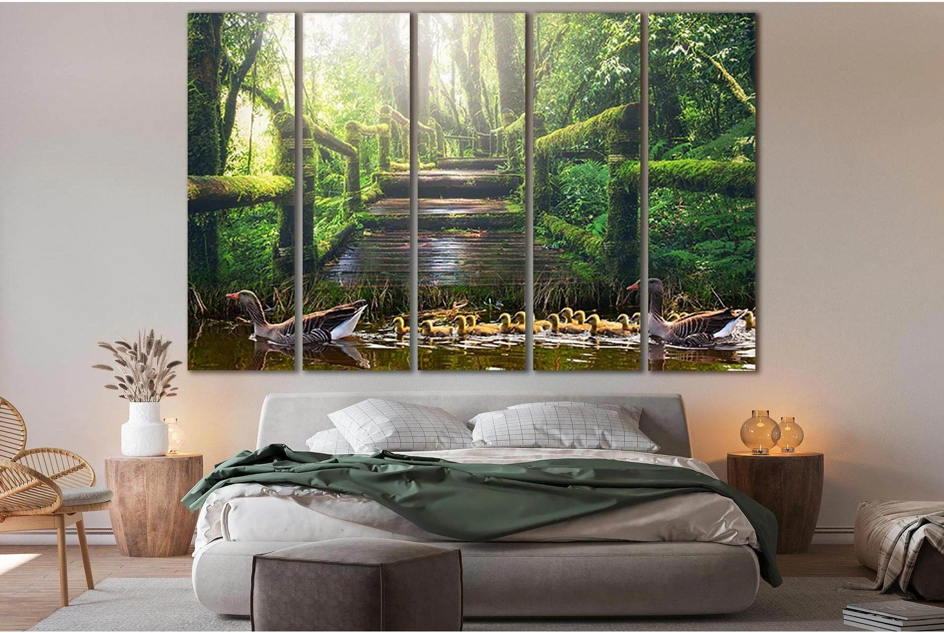 Ducks In The Pond And Green Trees №SL508 Ready to Hang Canvas Print - Zellart Canvas Prints 0new, ALL_Products, Trees Wall Art