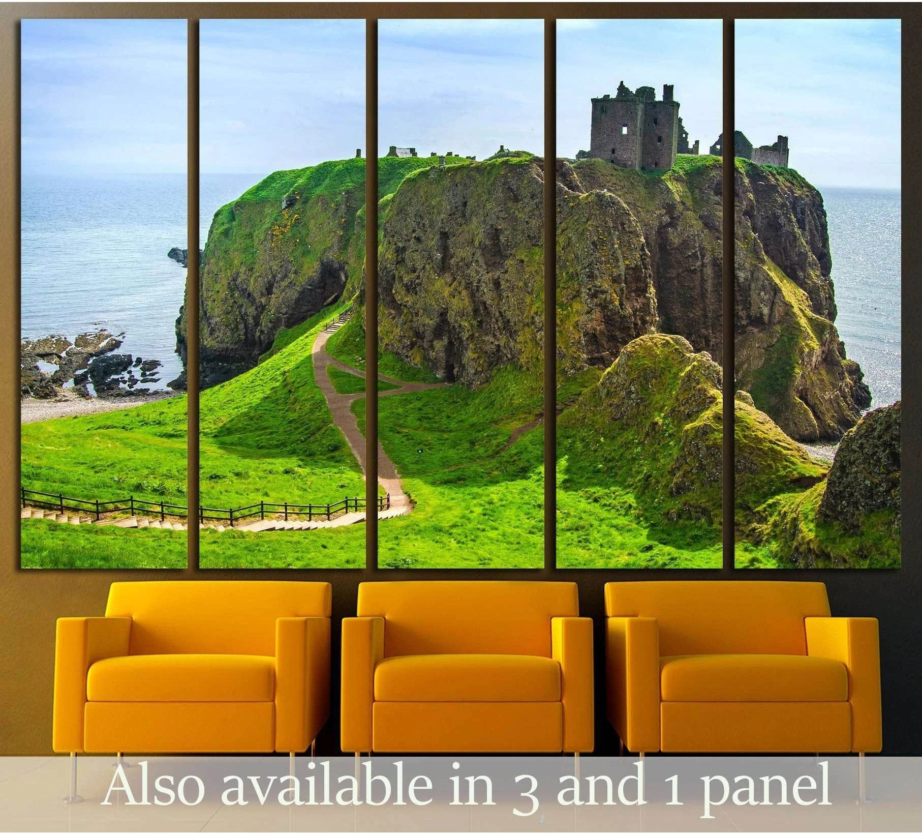 Dunnottar Castle canvas print on a rugged green sea cliff, displayed as multi-panel wall art above chairs