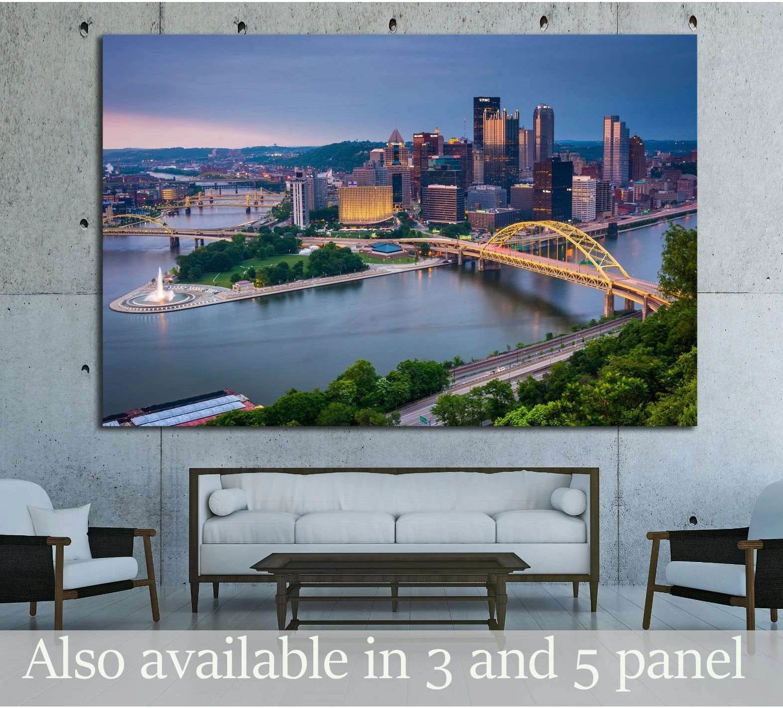 Pittsburgh skyline canvas print from Mount Washington with yellow bridges at dusk above a sofa