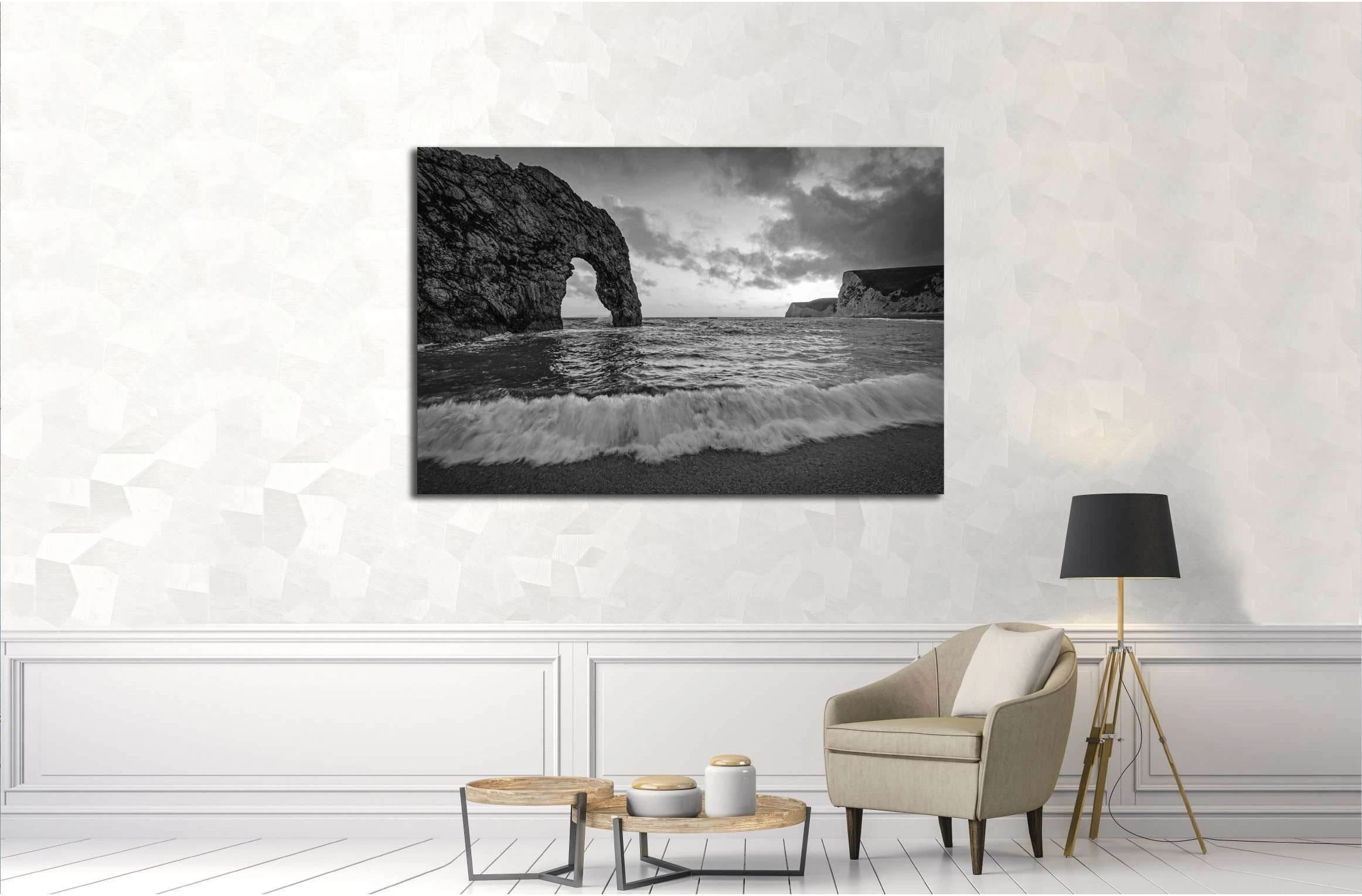 Durdle Door on the Jurassic coast of Dorset with crashing wave in Black and White №3115 Ready to Hang Canvas Print - Zellart Canvas Prints ALL_Products, s-3115