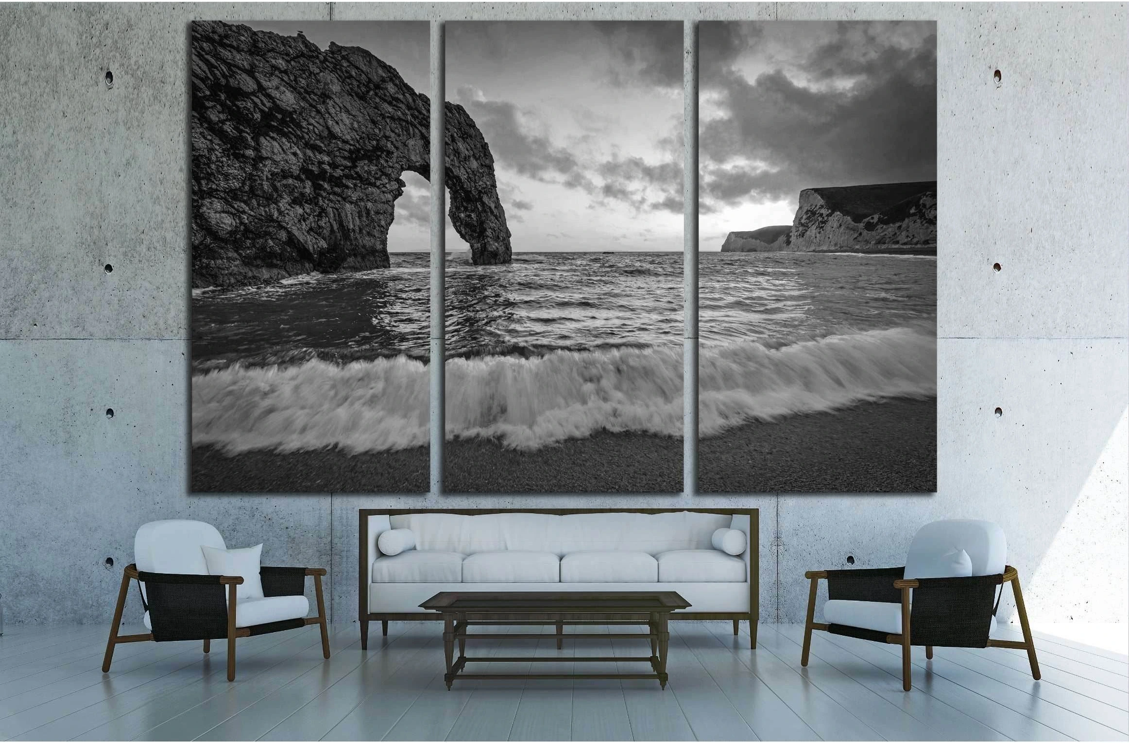 Durdle Door on the Jurassic coast of Dorset with crashing wave in Black and White №3115 Ready to Hang Canvas Print - Zellart Canvas Prints ALL_Products, s-3115