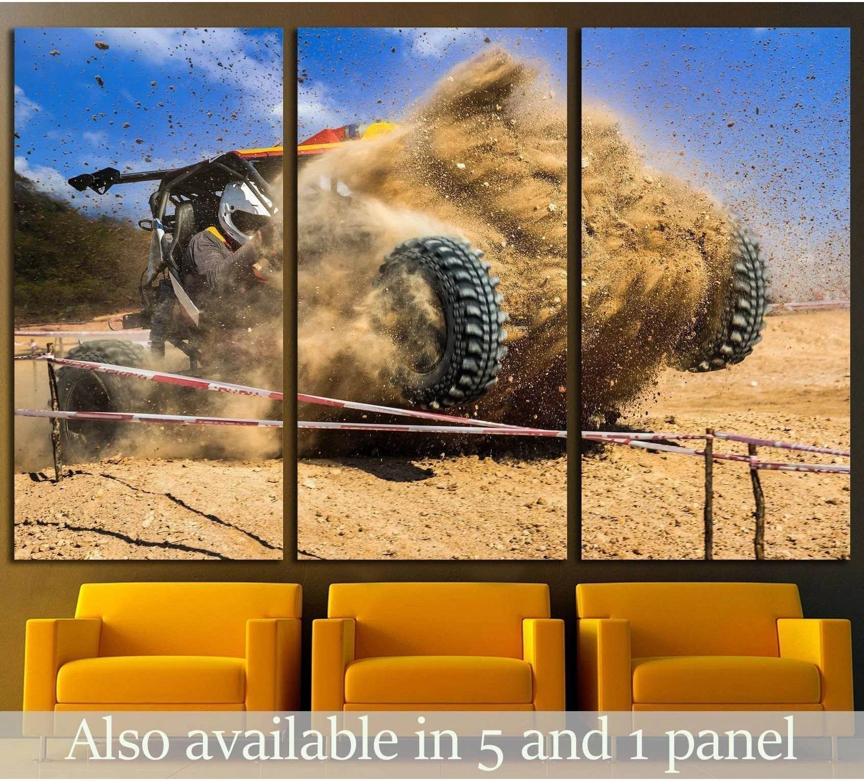 Off-road UTV triptych canvas print with a desert racer kicking up sand, displayed above chairs