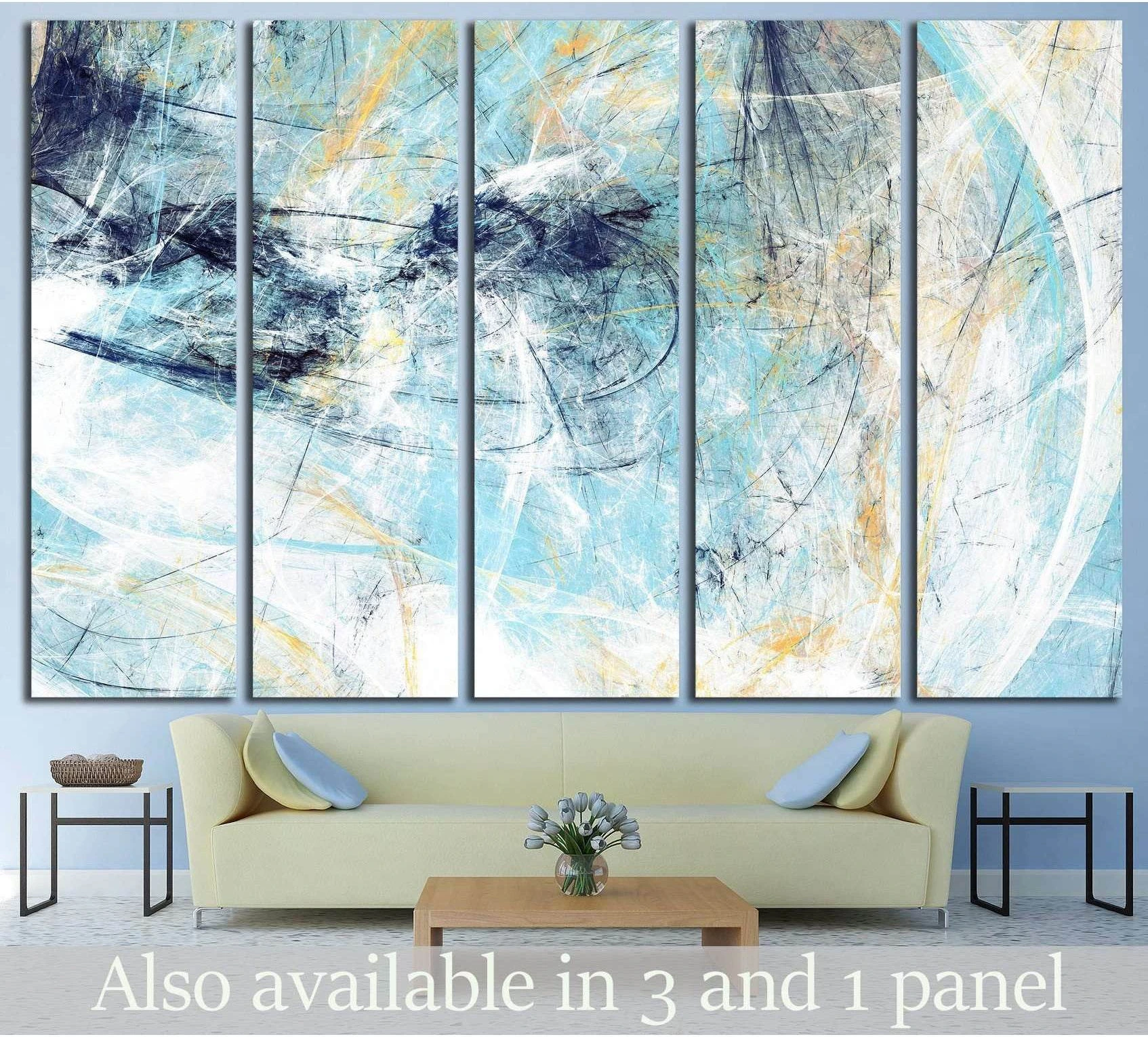 Five-panel abstract aqua canvas print with blue, white, navy, and pale gold texture above a sofa