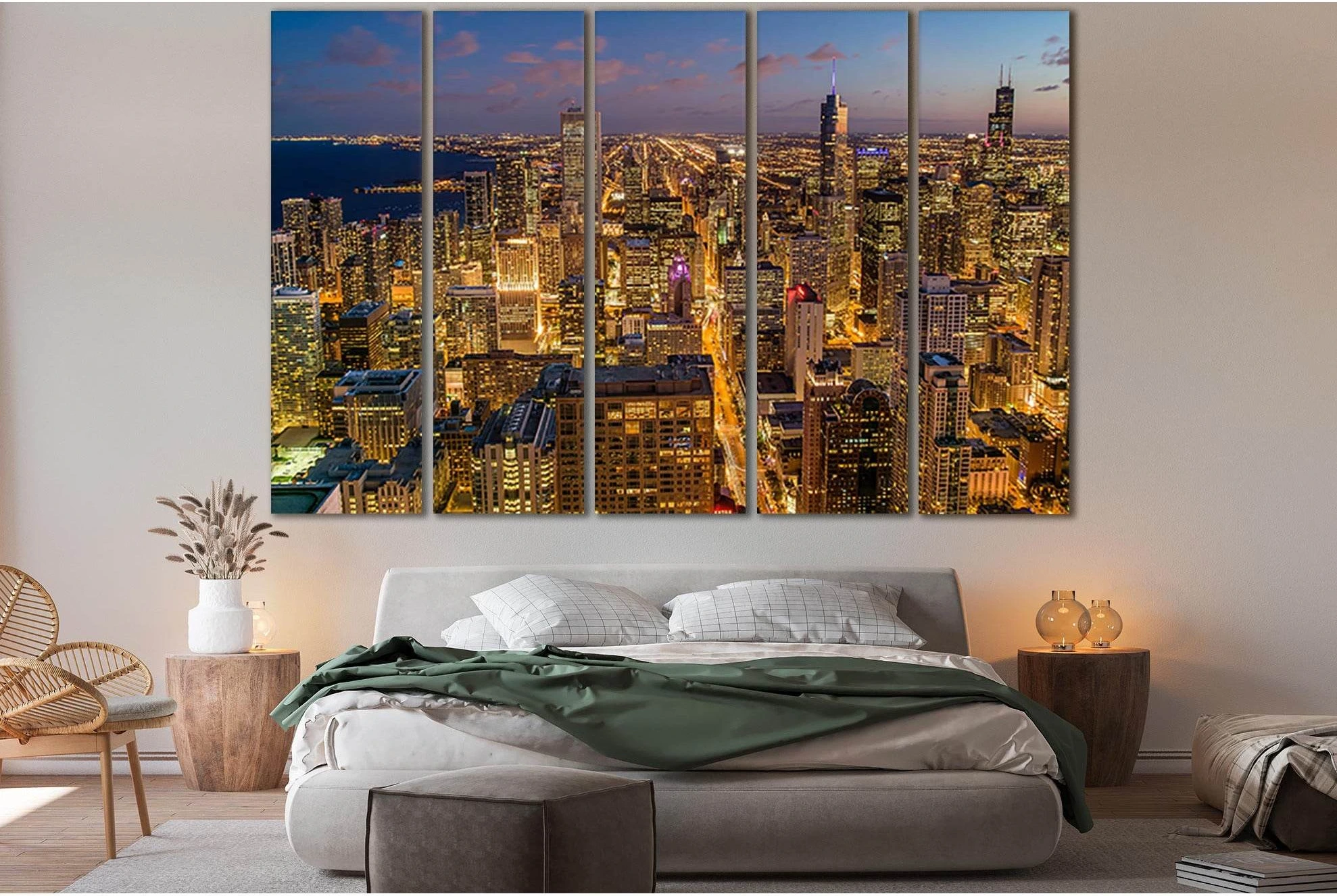 Early Evening Image Of Chicago Skyline №SL340 Ready to Hang Canvas Print - Zellart Canvas Prints 0new, ALL_Products, Cityscapes & Skylines