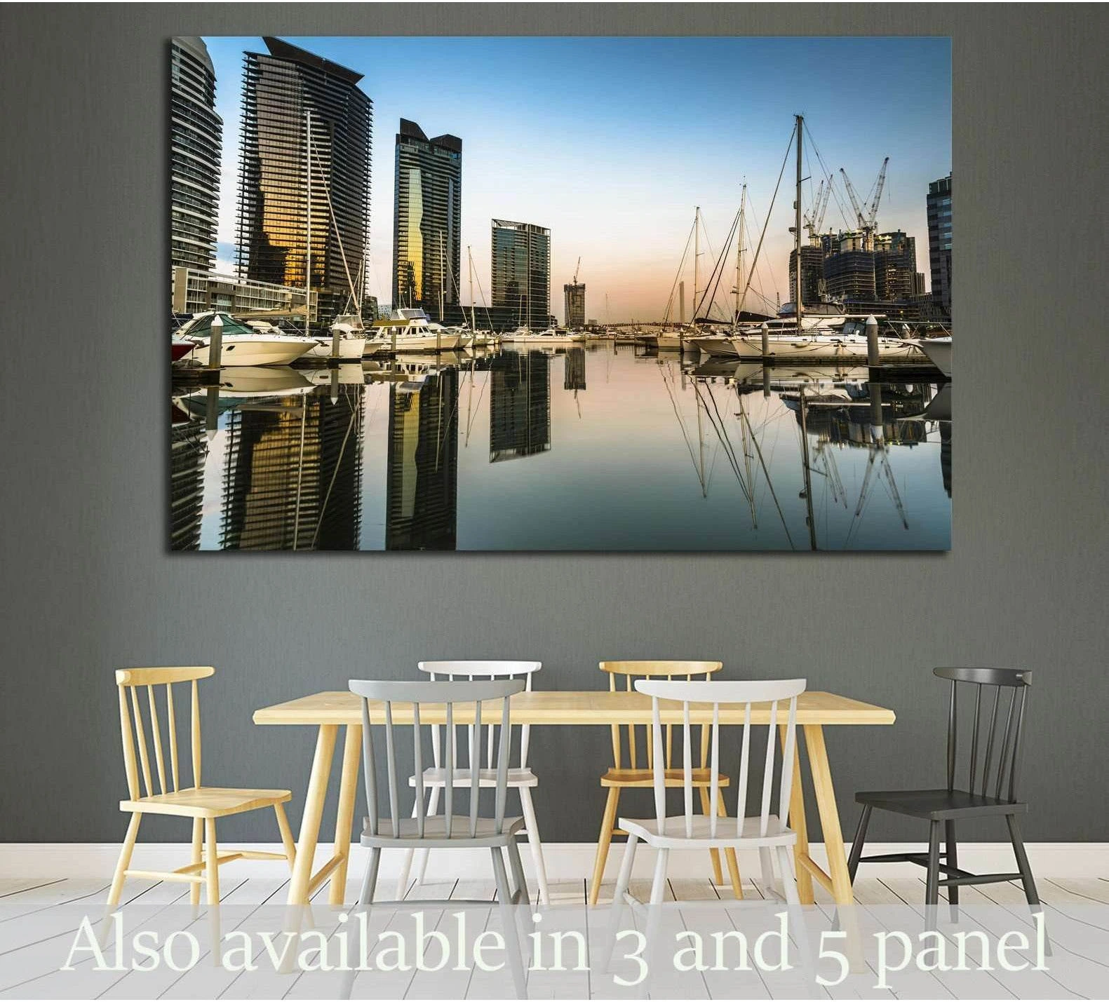 Melbourne Docklands marina sunrise canvas print above dining table in a modern neutral room