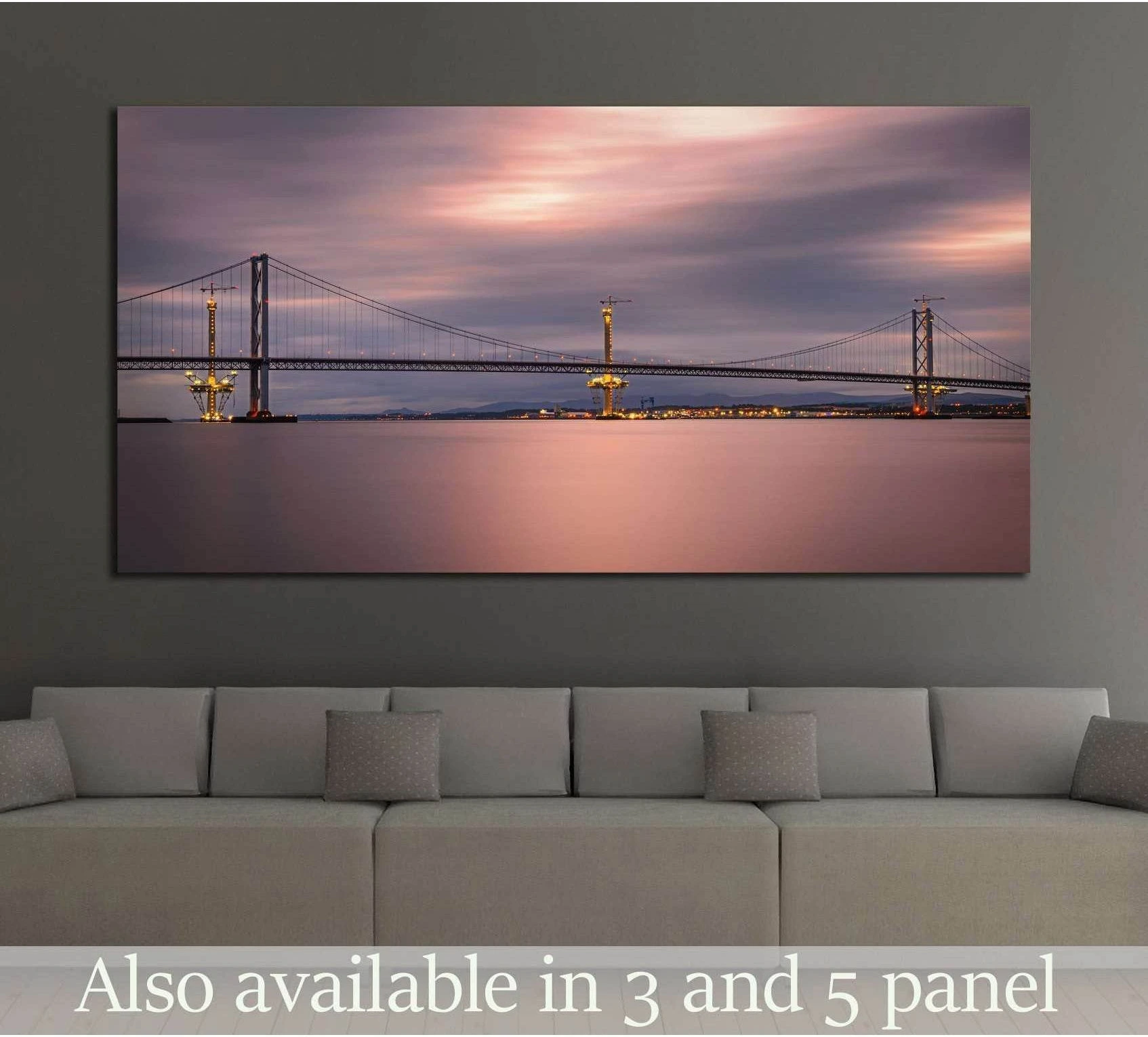 Edinburgh bridge canvas print spanning calm water under a pink mauve sunset sky above a sofa