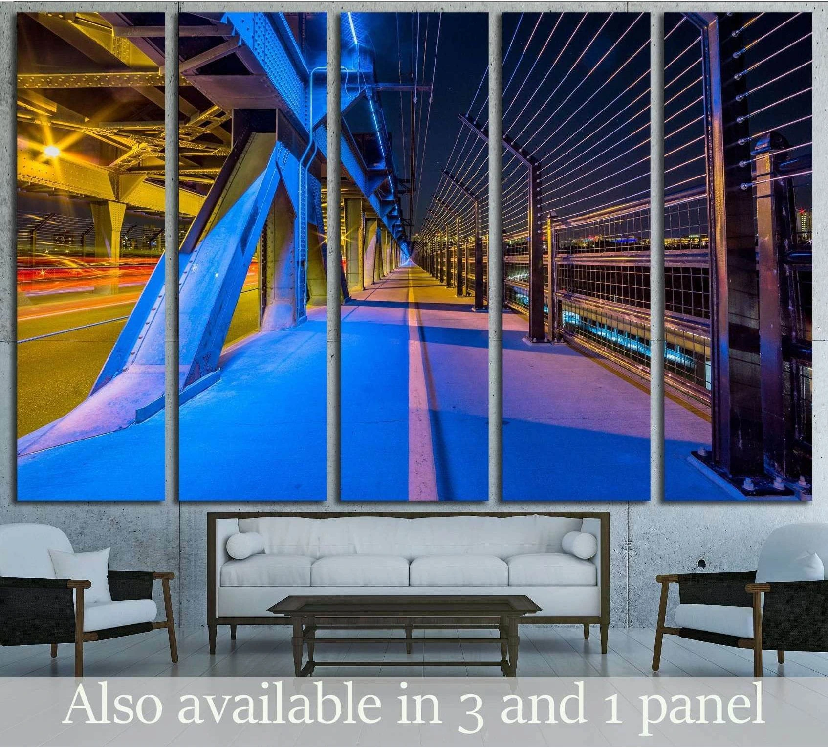 Edmonton High Level Bridge canvas print with blue-lit walkway and steel supports above a sofa