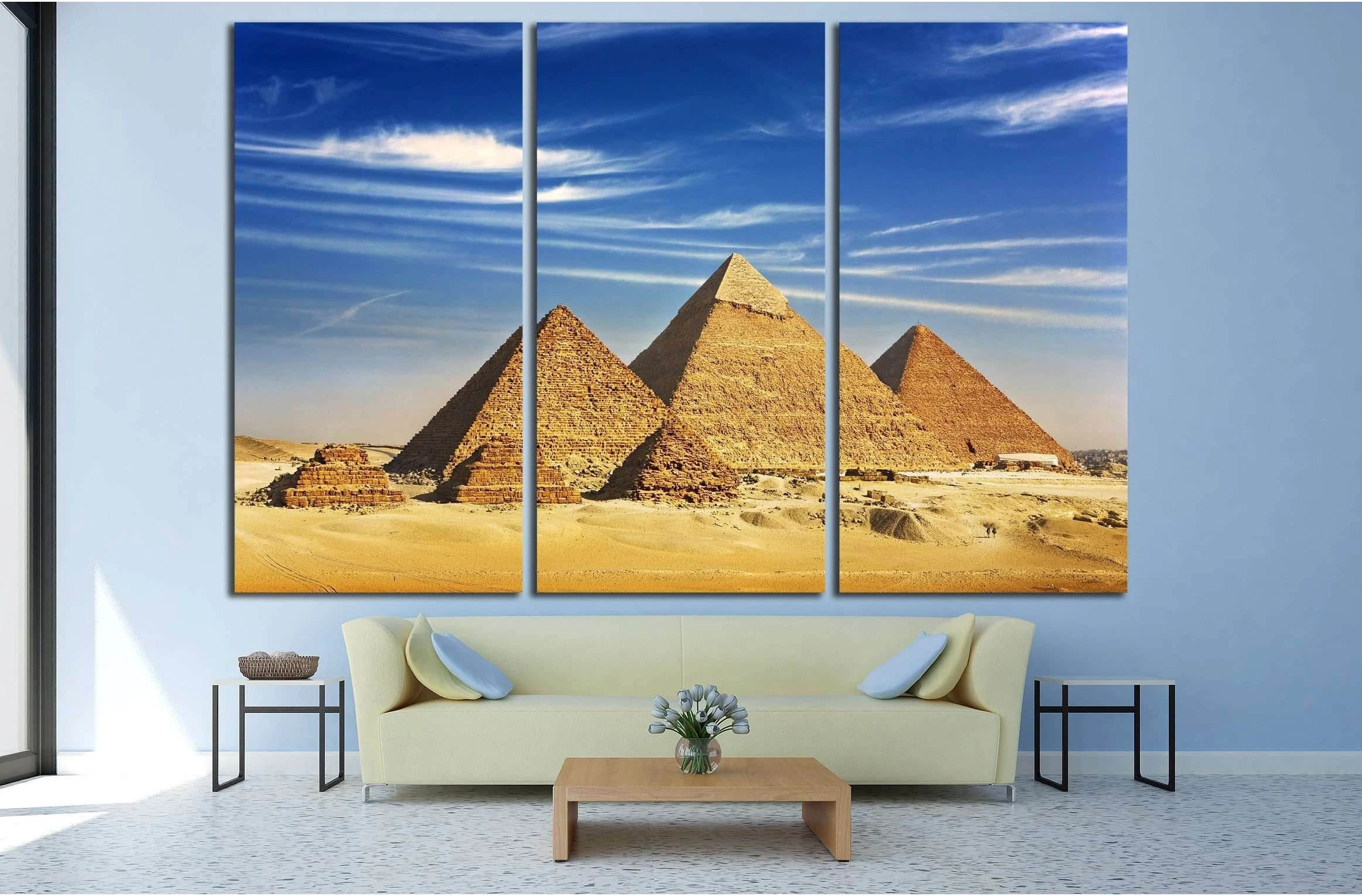 Egypt. Cairo, pyramids from the Giza Plateau,Pyramid of Menkaure, Khafre and Chufu №2162 Ready to Hang Canvas Print - Zellart Canvas Prints ALL_Products, s-2162