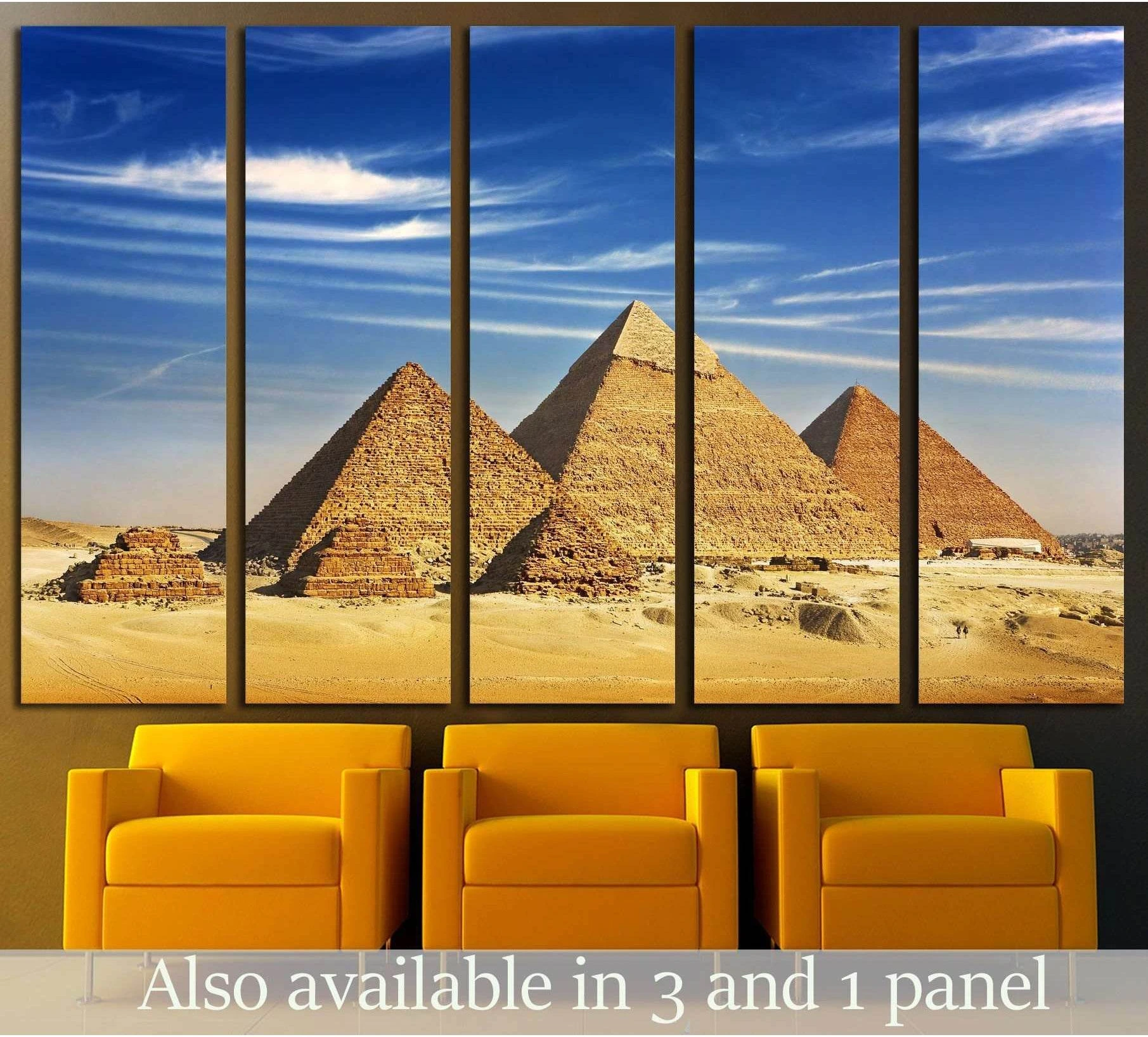 Giza pyramids canvas print in the Cairo desert under a vivid blue sky, shown as 5-panel wall art