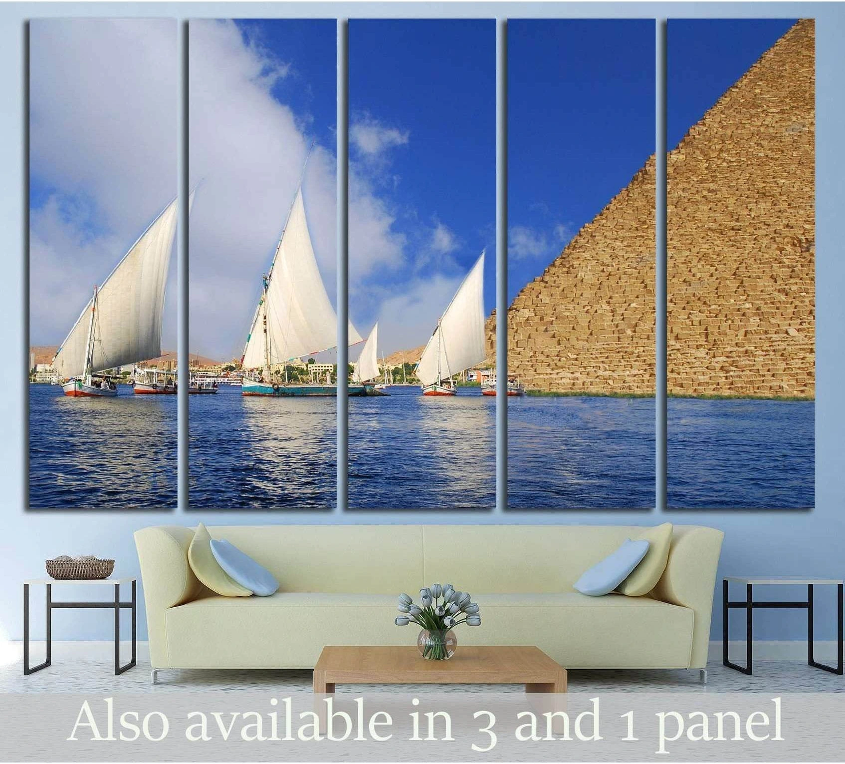 Egyptian Abstraction - Falukas on the Nile and Egyptian Pyramid fantasy showing blue ocean wall art with water and coastal depth.