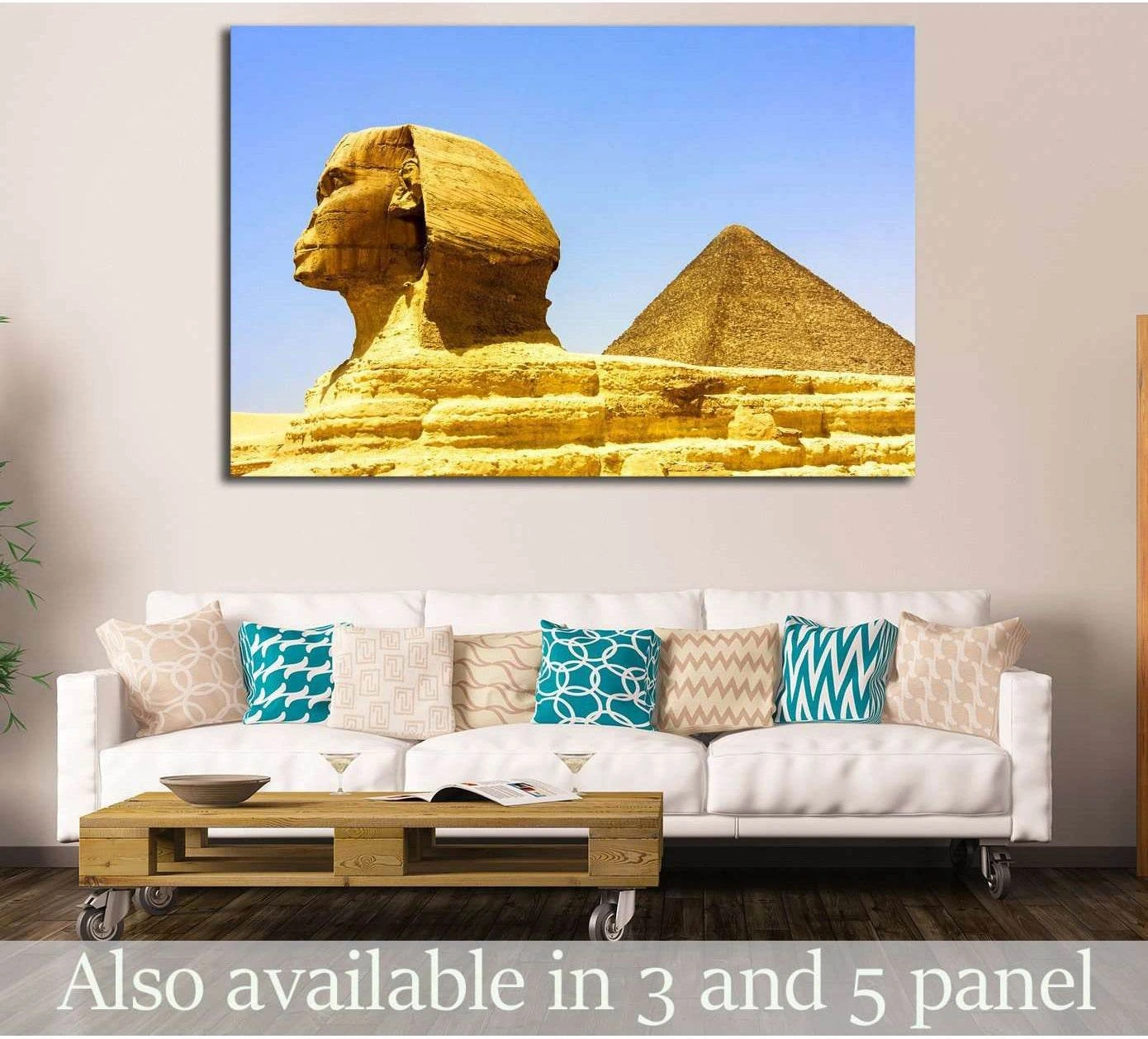 Great Sphinx and Giza pyramid canvas print hung above sofa in a modern living room