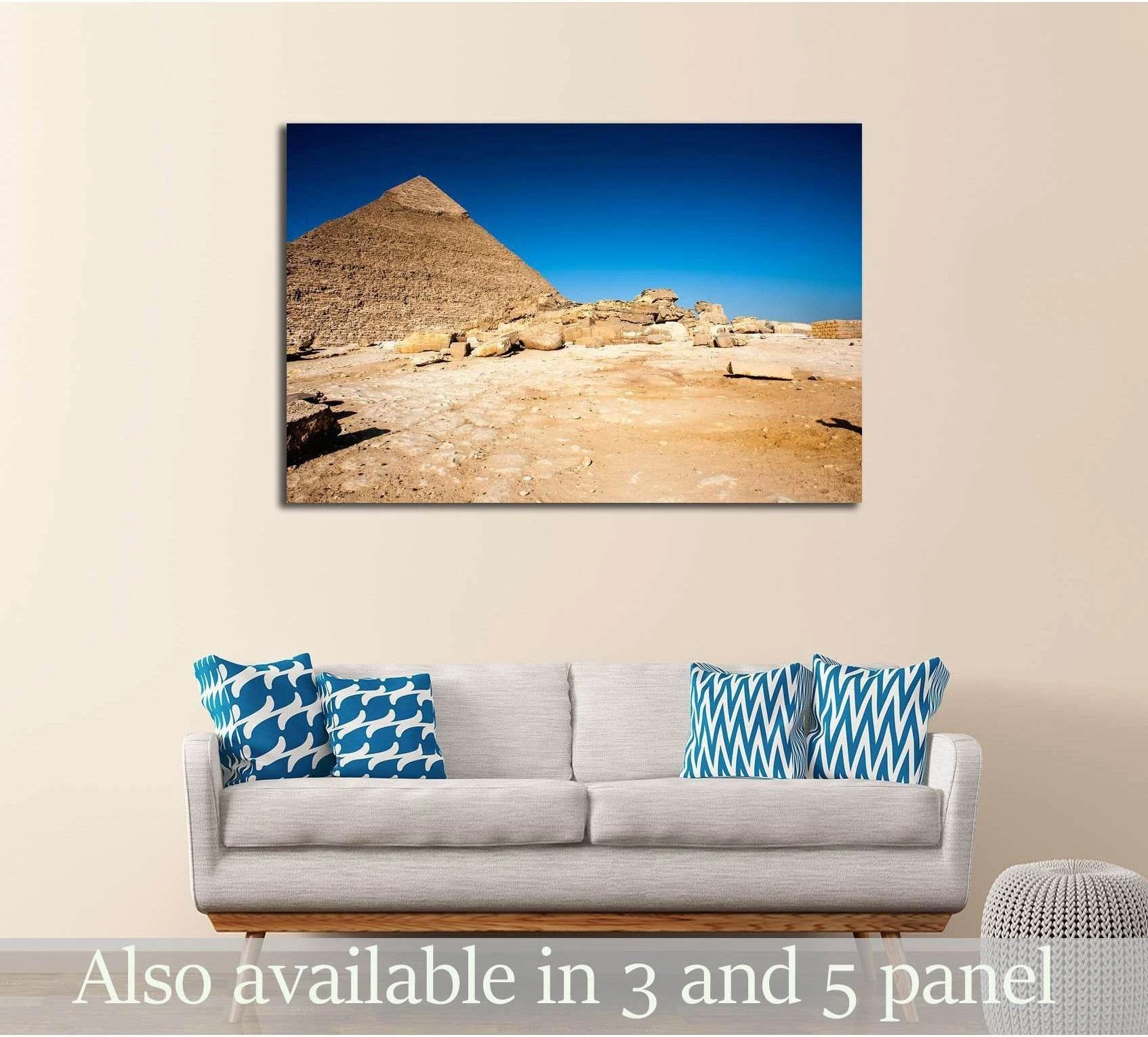 Pyramids of Giza canvas print above sofa in a neutral living room mockup