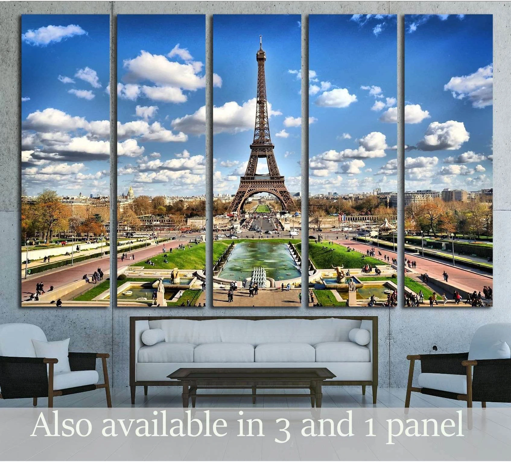 Eiffel Tower canvas print over Paris Trocadéro fountains in a modern living room mockup