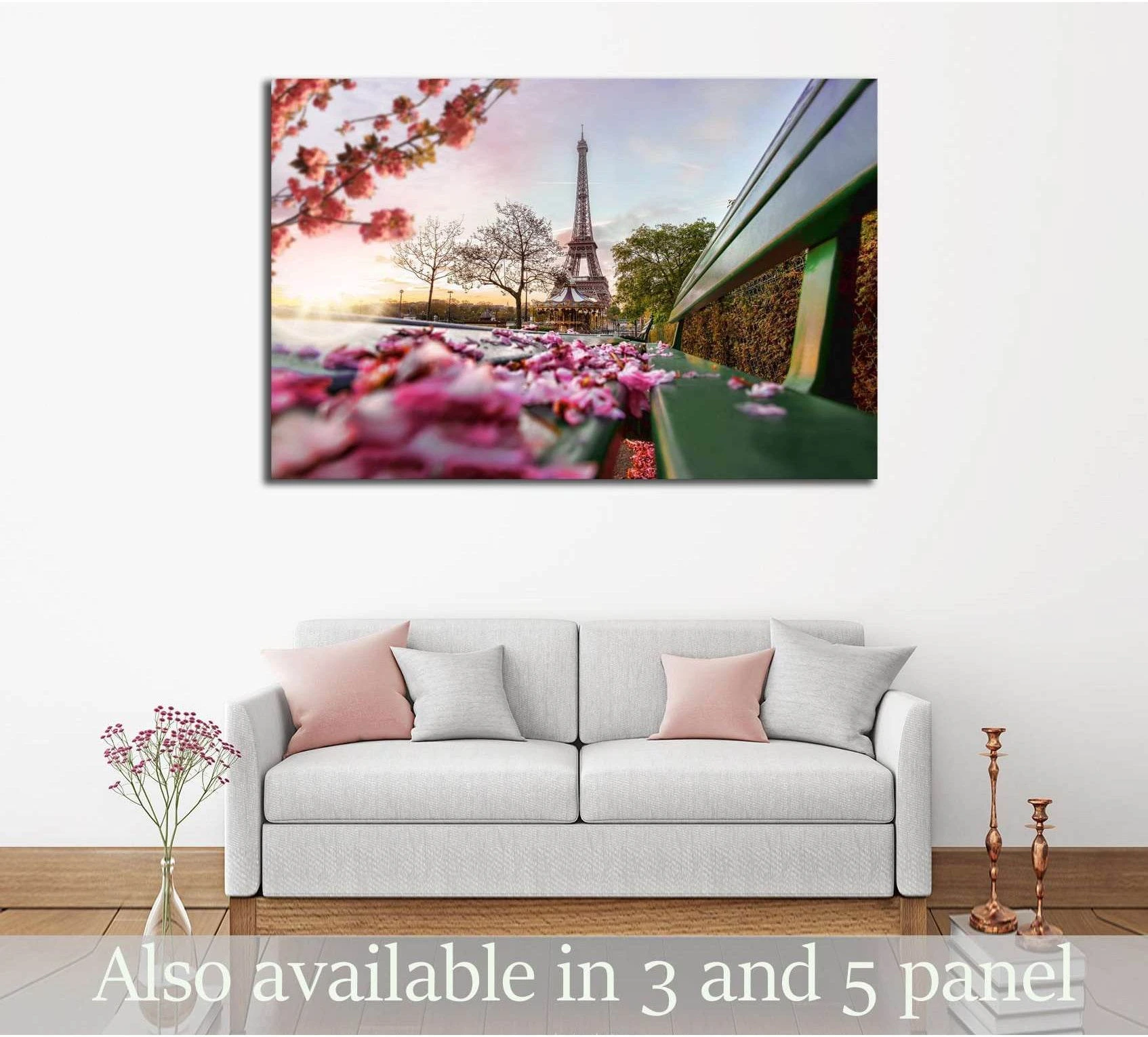 Eiffel Tower canvas print with pink cherry blossoms and green bench in a Paris spring scene
