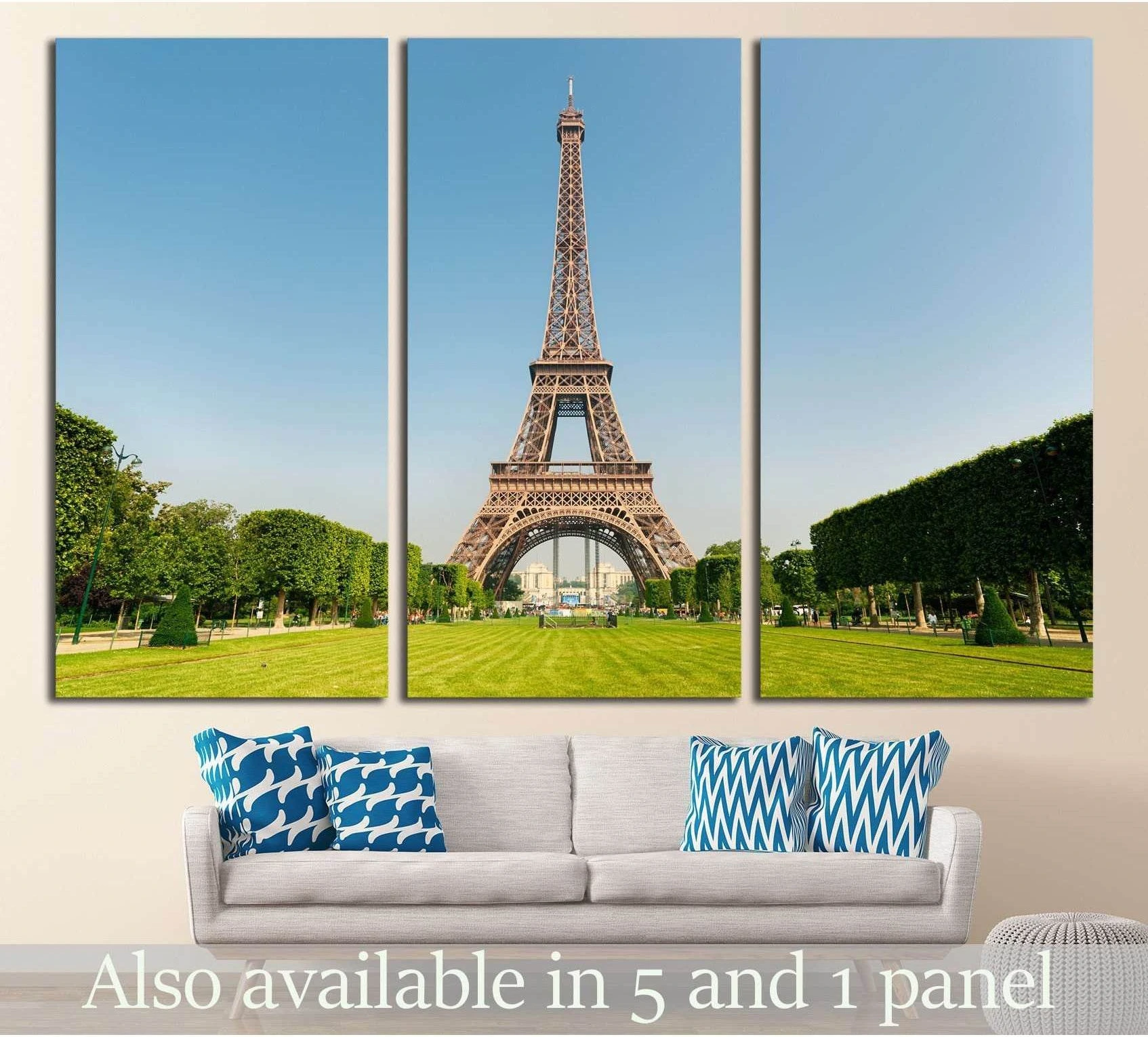 Eiffel Tower Paris triptych canvas print above sofa with blue sky and formal gardens
