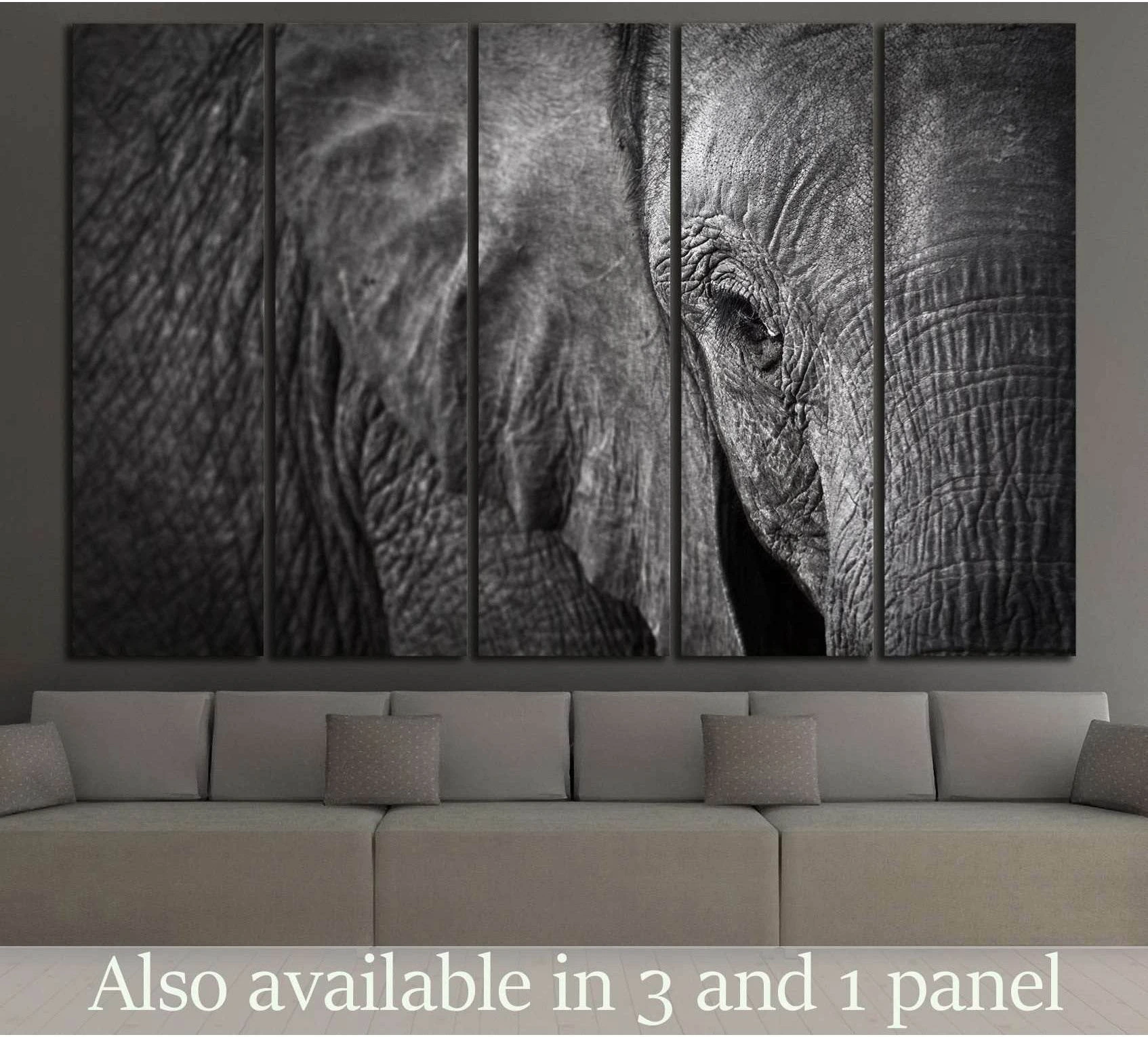 Black and white elephant canvas print close-up portrait hung above a sofa in a neutral living room