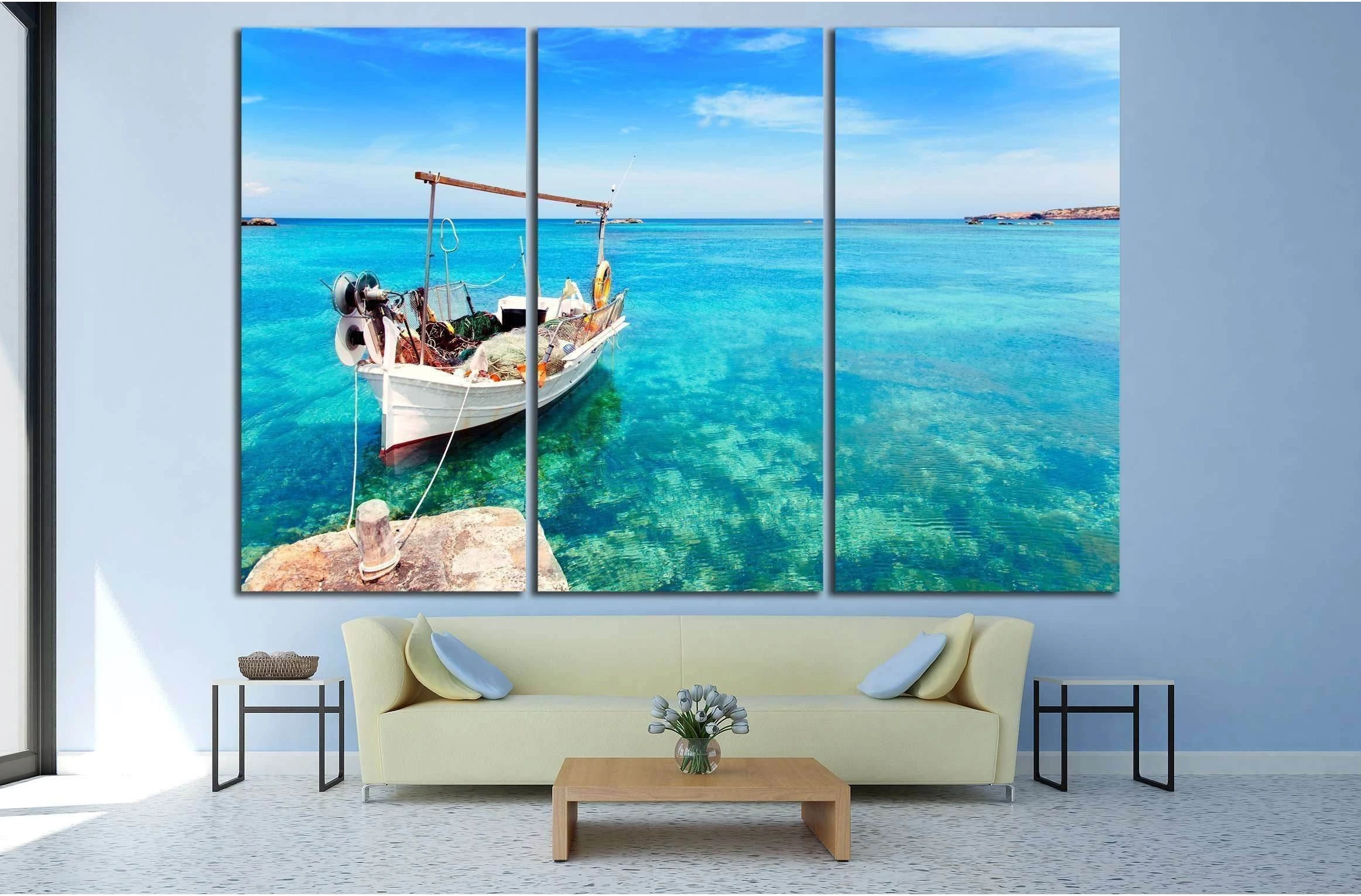 Els Pujols beach in Formentera with traditional fishing boat in summer day №2509 Ready to Hang Canvas Print - Zellart Canvas Prints ALL_Products, s-2509